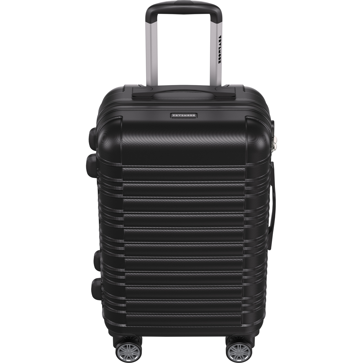 A black rolling suitcase with a silver handle and wheels.