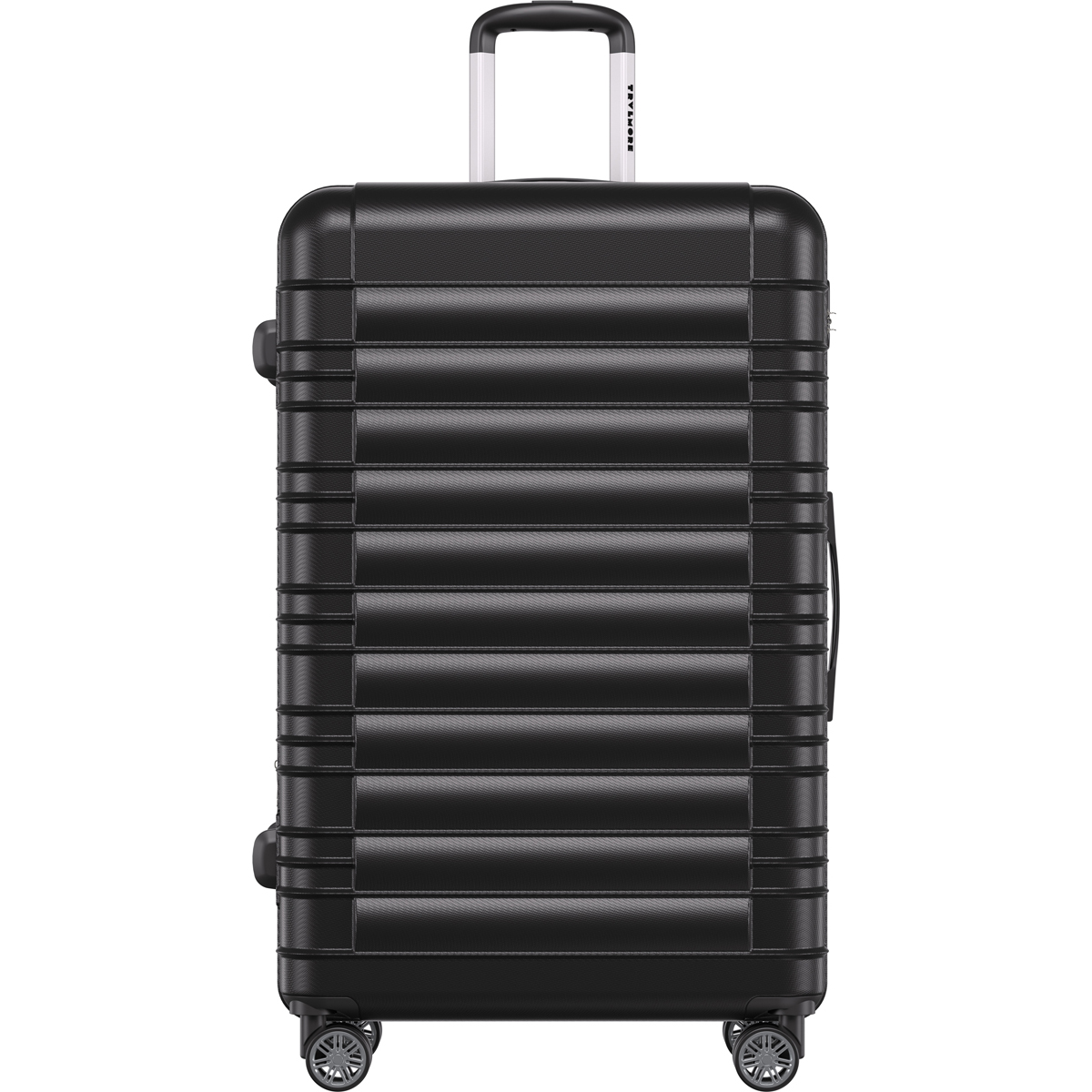 Black suitcase with pull-up handle and wheels on a white background.