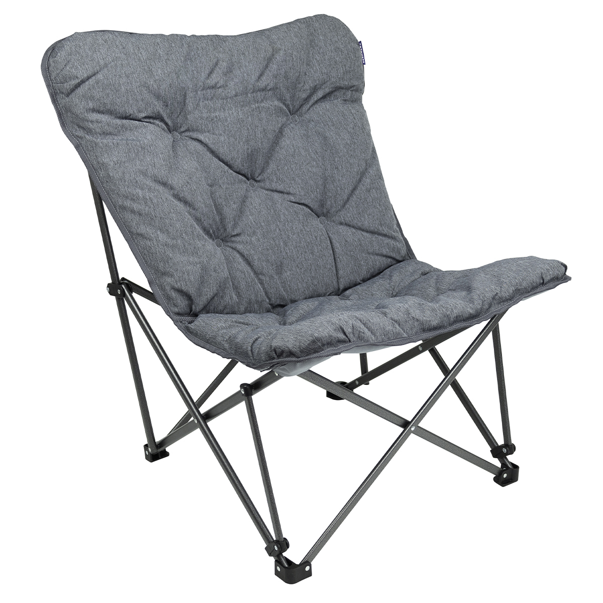 Gray padded folding chair with metal frame, suitable for outdoor use.