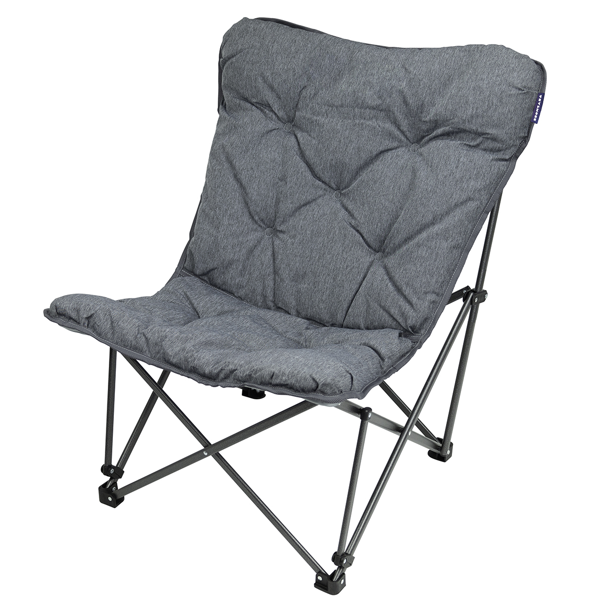 Gray padded folding chair with tufted backrest and seat.
