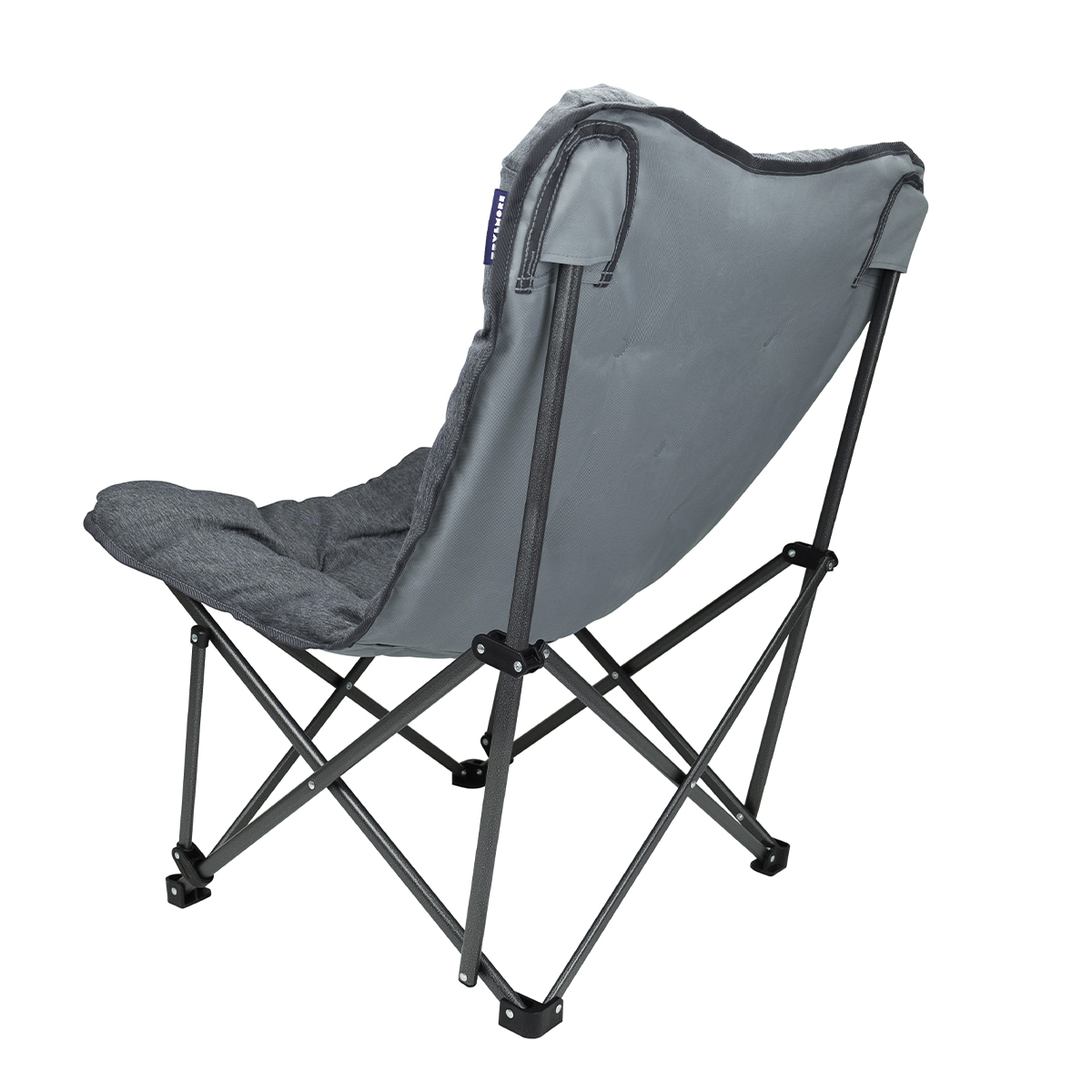A gray folding butterfly chair with a metal frame and fabric seat and back.