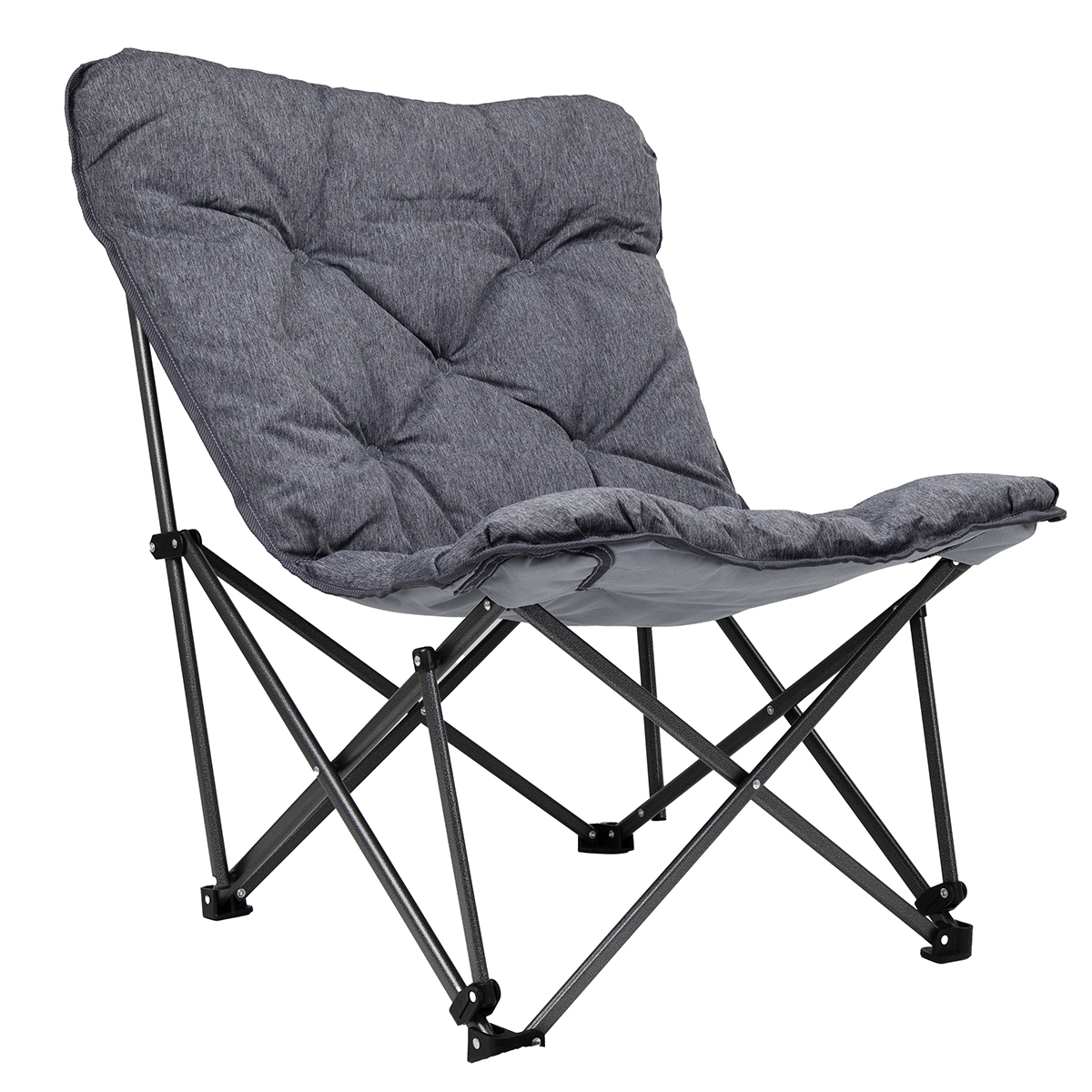 A gray, padded folding chair with a metal frame.