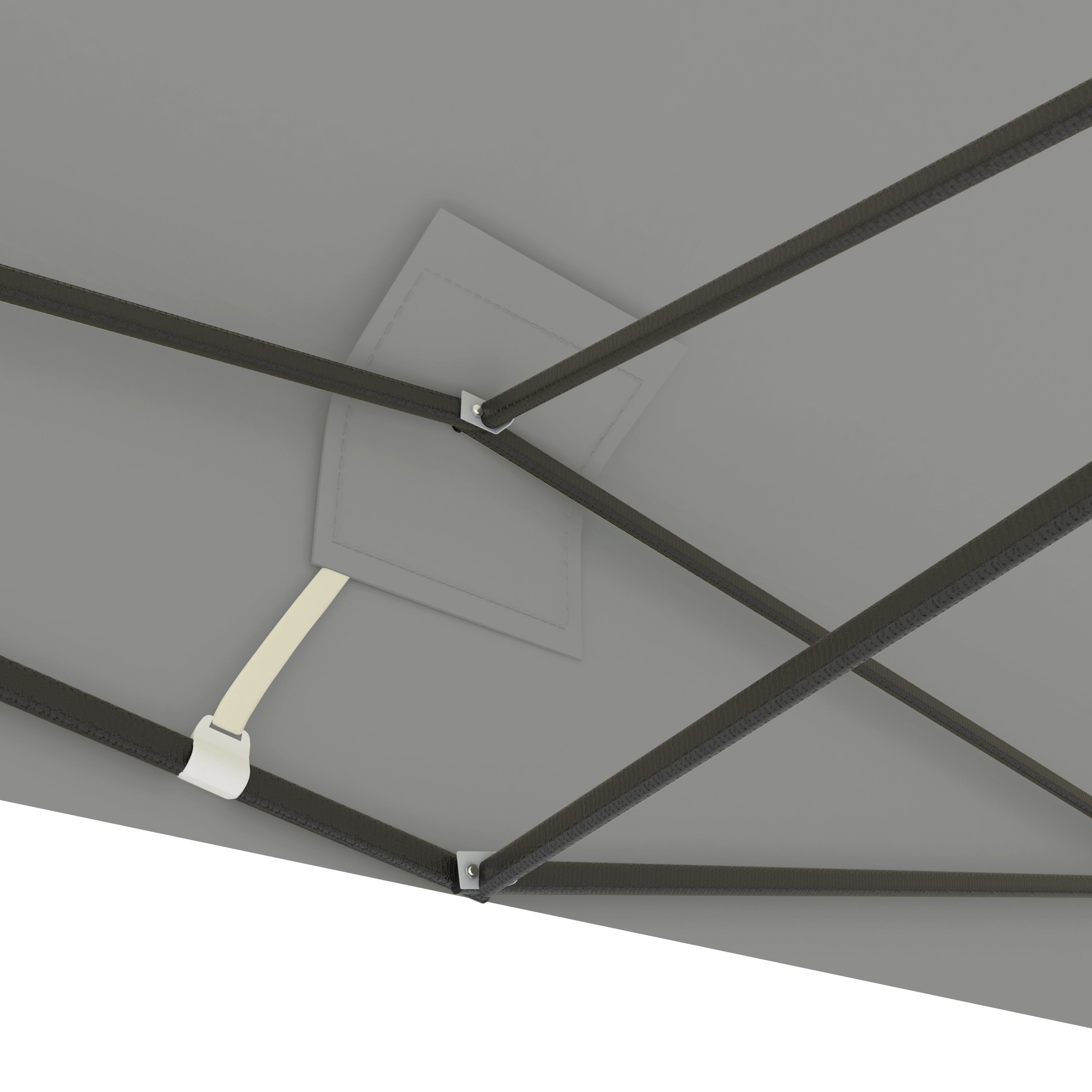Gray fabric canopy with dark poles and a white holder.