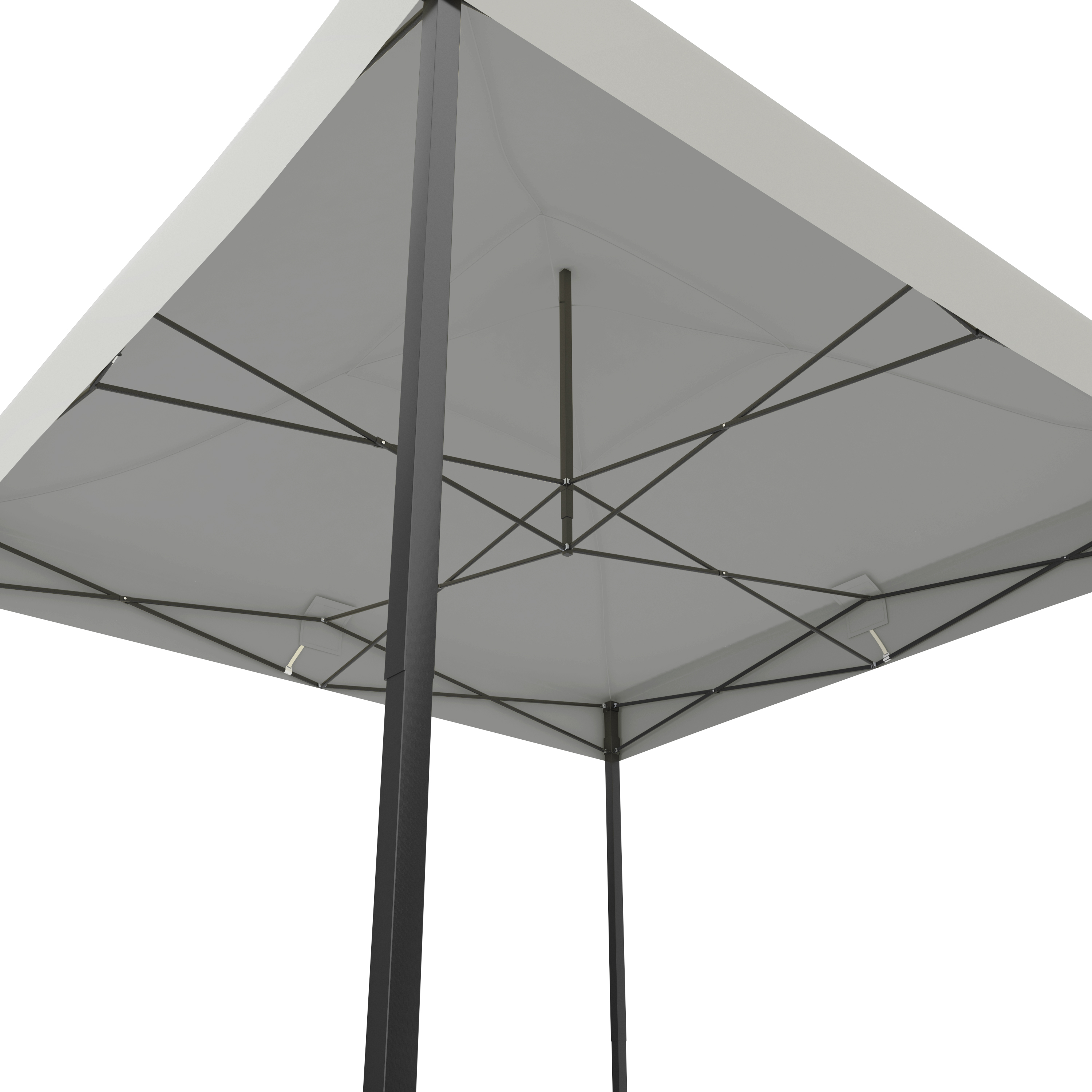 Underside of a white canopy with a dark metal frame and supports.