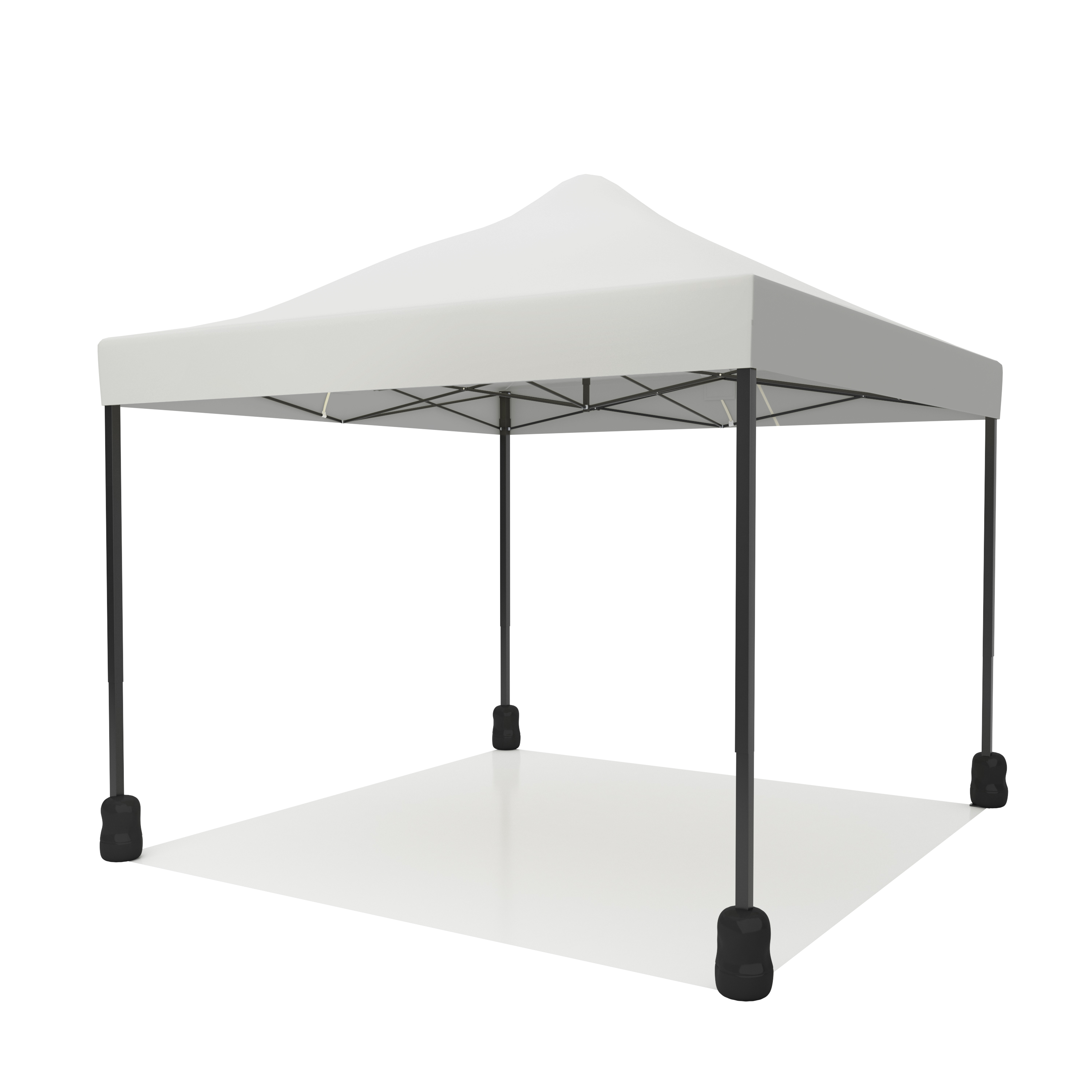 A white pop-up tent with a black metal frame and feet on a white background.