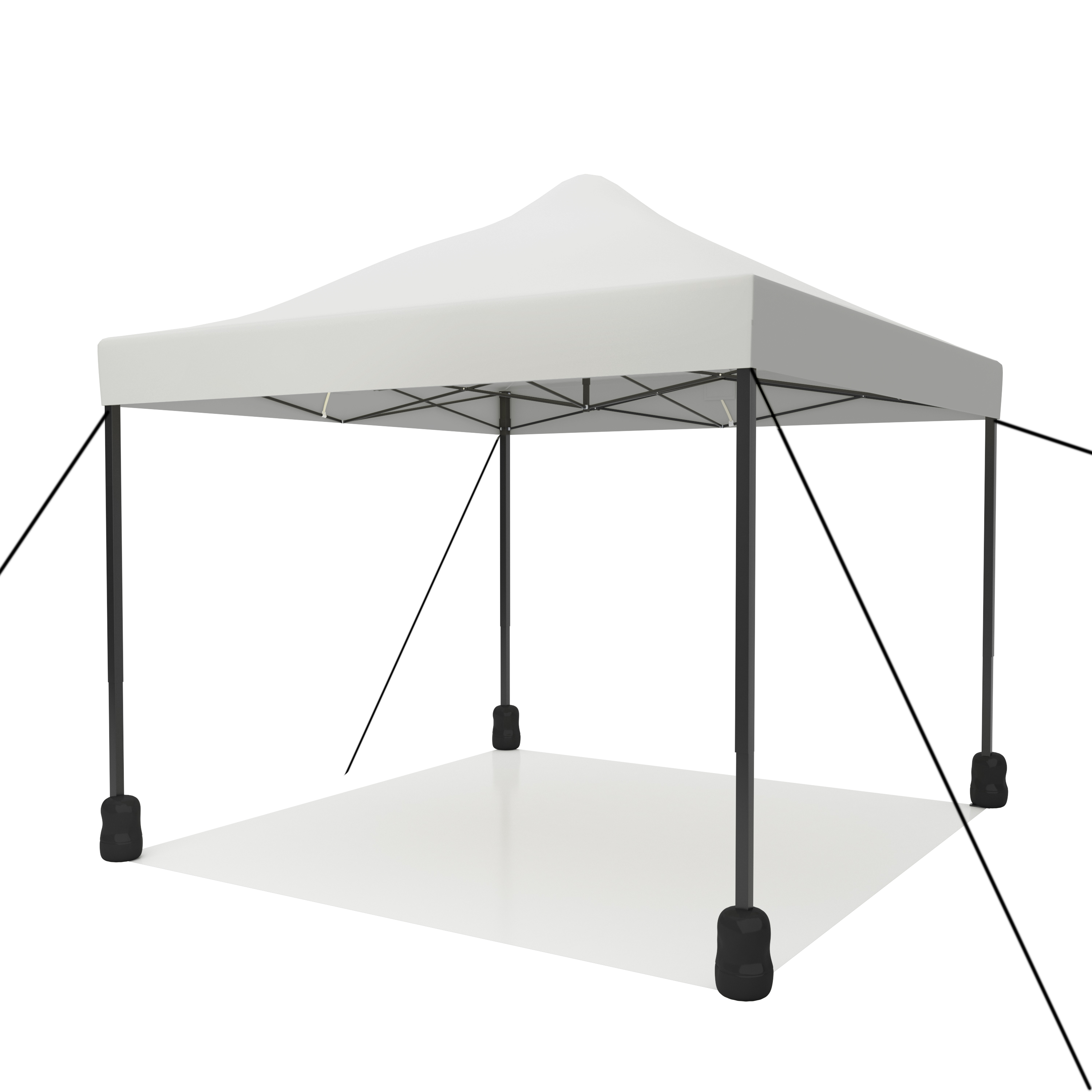 A white canopy tent with black poles and weights on a white floor.