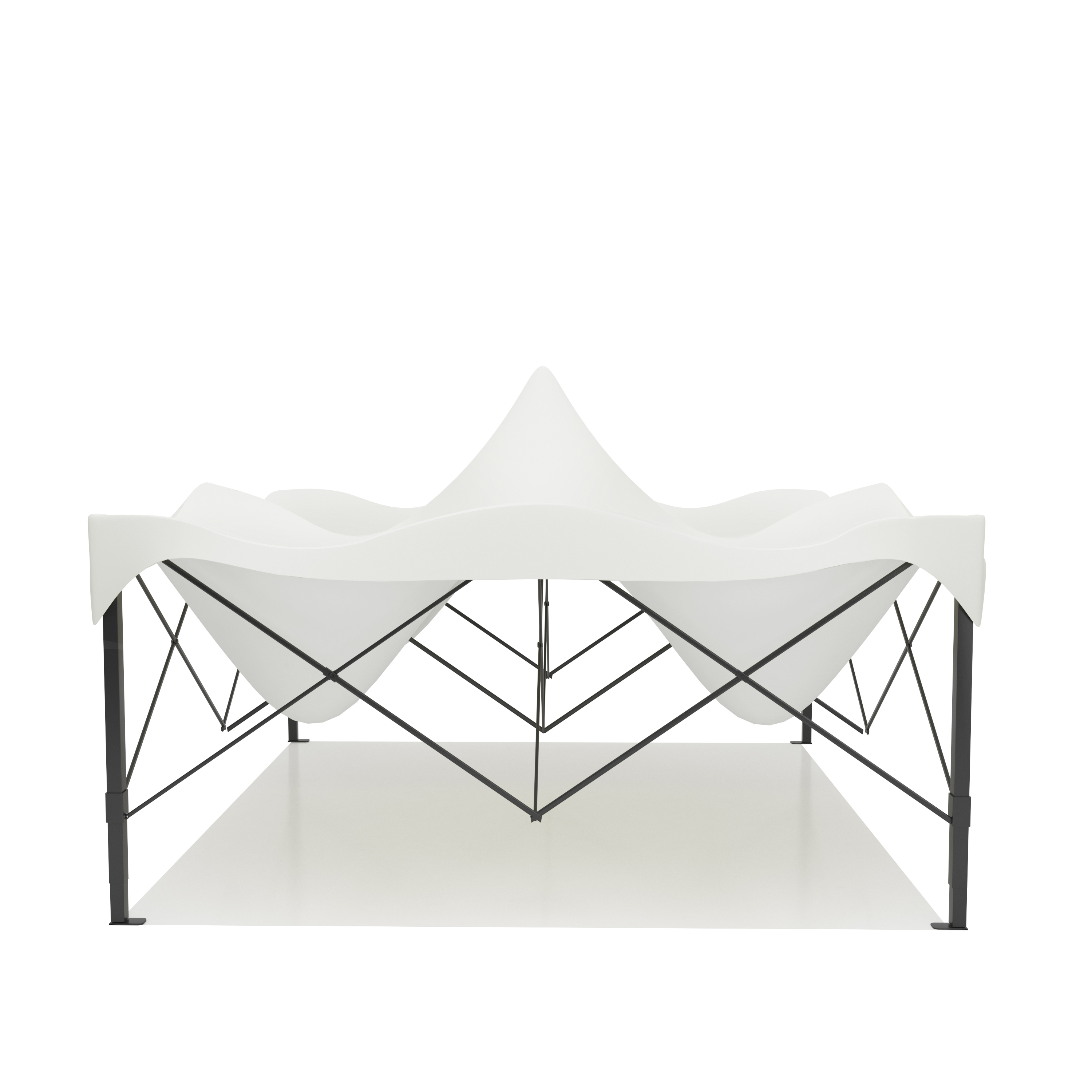 A white, wavy roof is supported by a black metal frame.