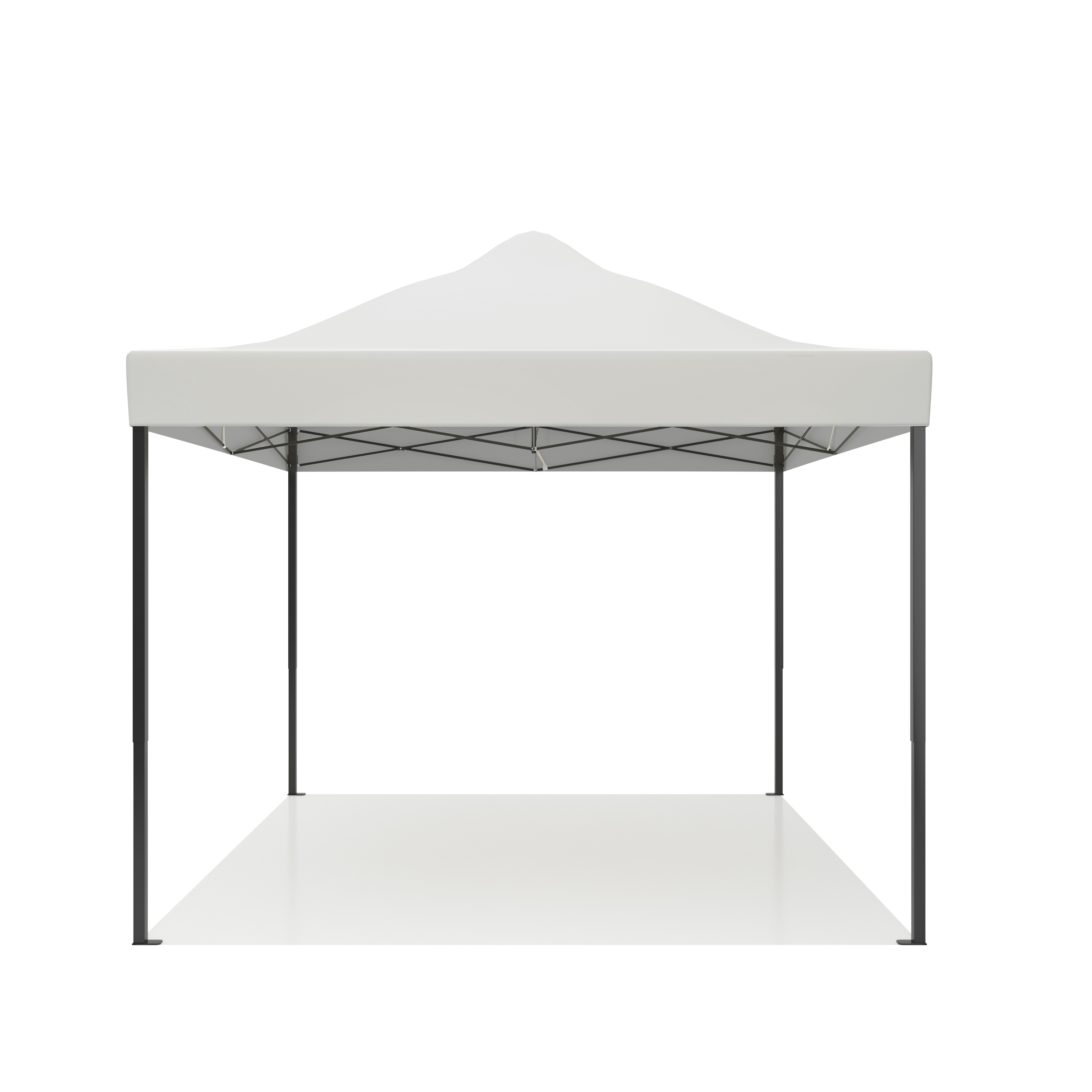 A white pop-up canopy with a dark metal frame on a white surface.