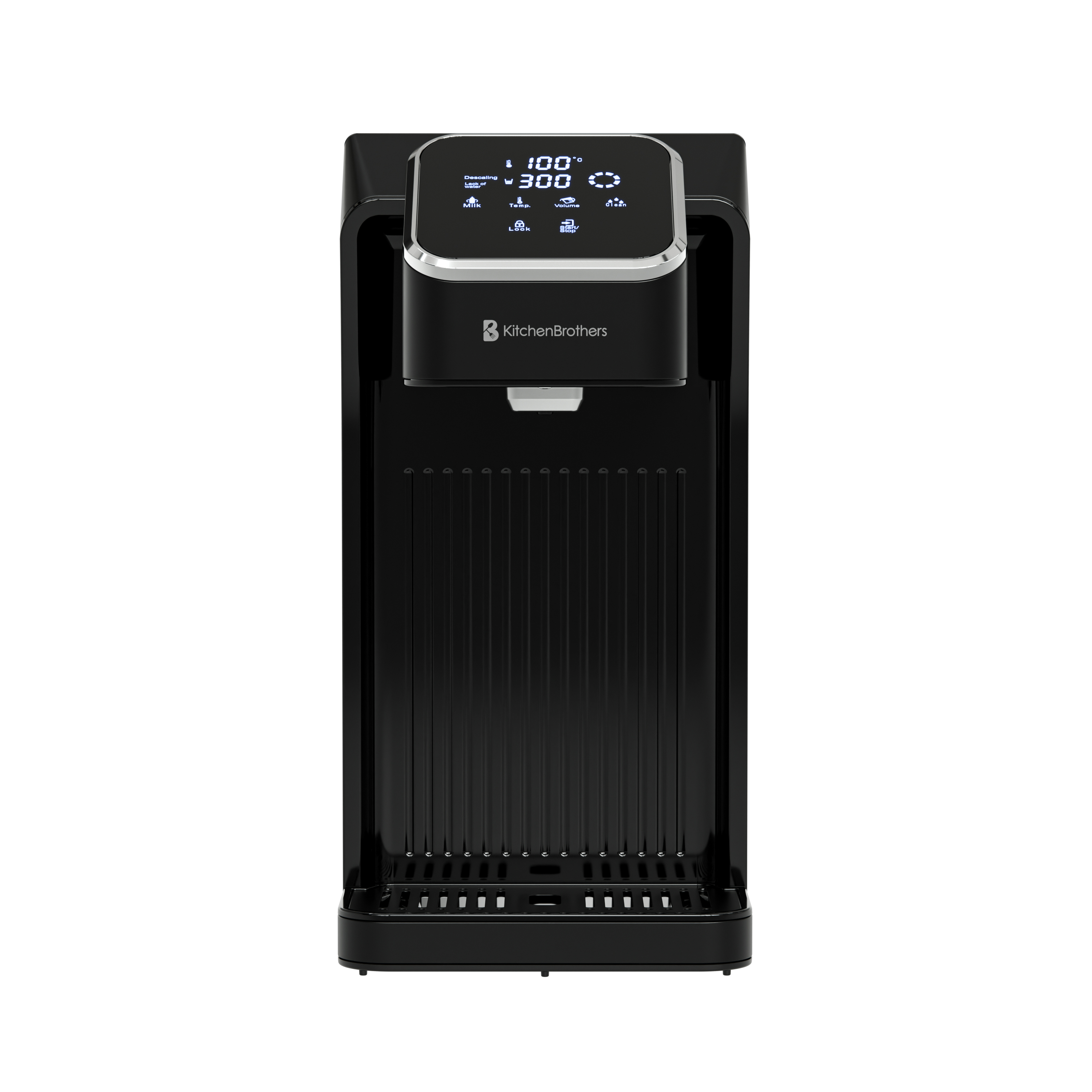 Zwarte waterdispenser met digitaal display waarop 100 graden en 300 ml staat.