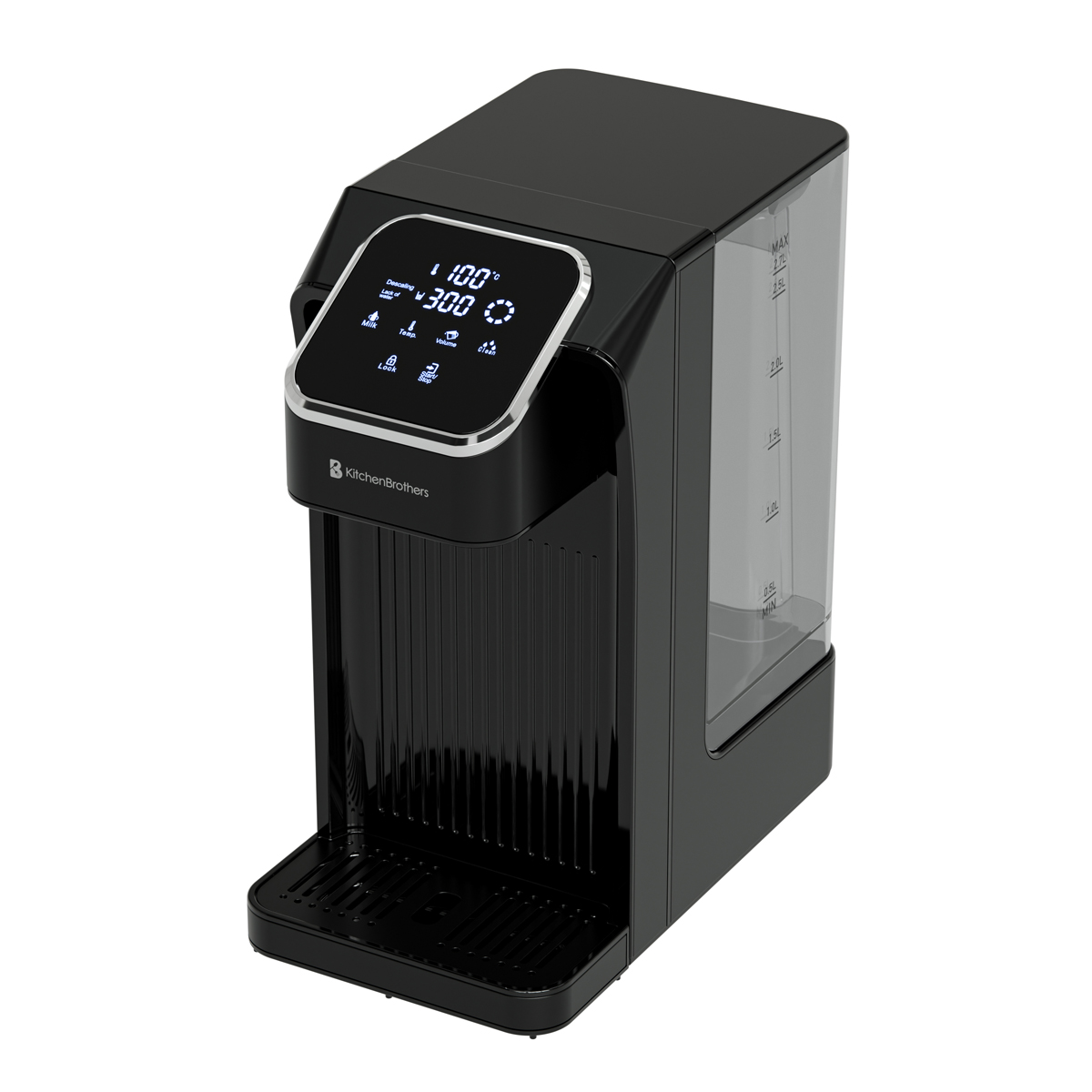 Zwarte waterdispenser met digitaal display en doorzichtige watertank met niveau-indicator.