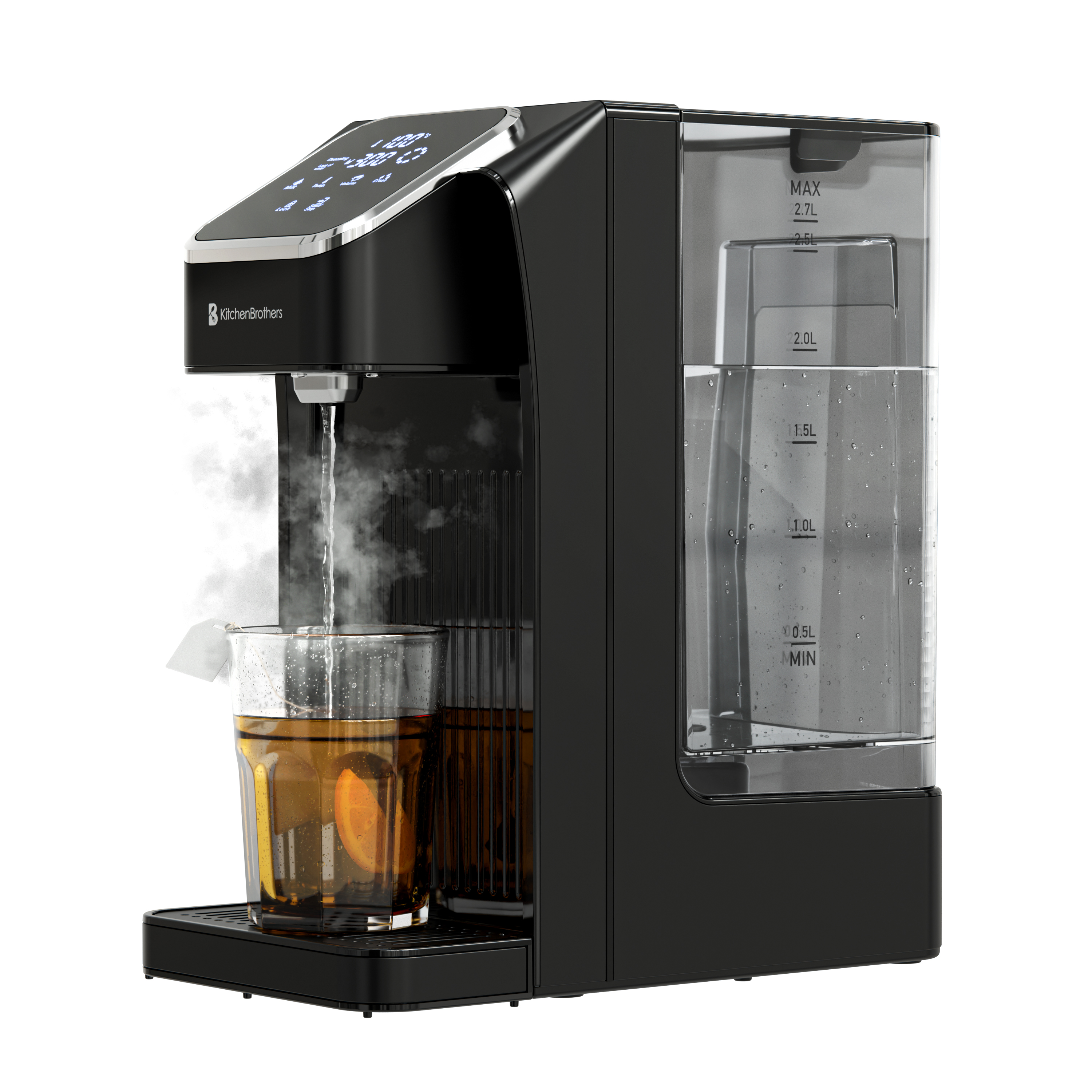 Een zwarte waterdispenser met een glas thee en opstijgende stoom.