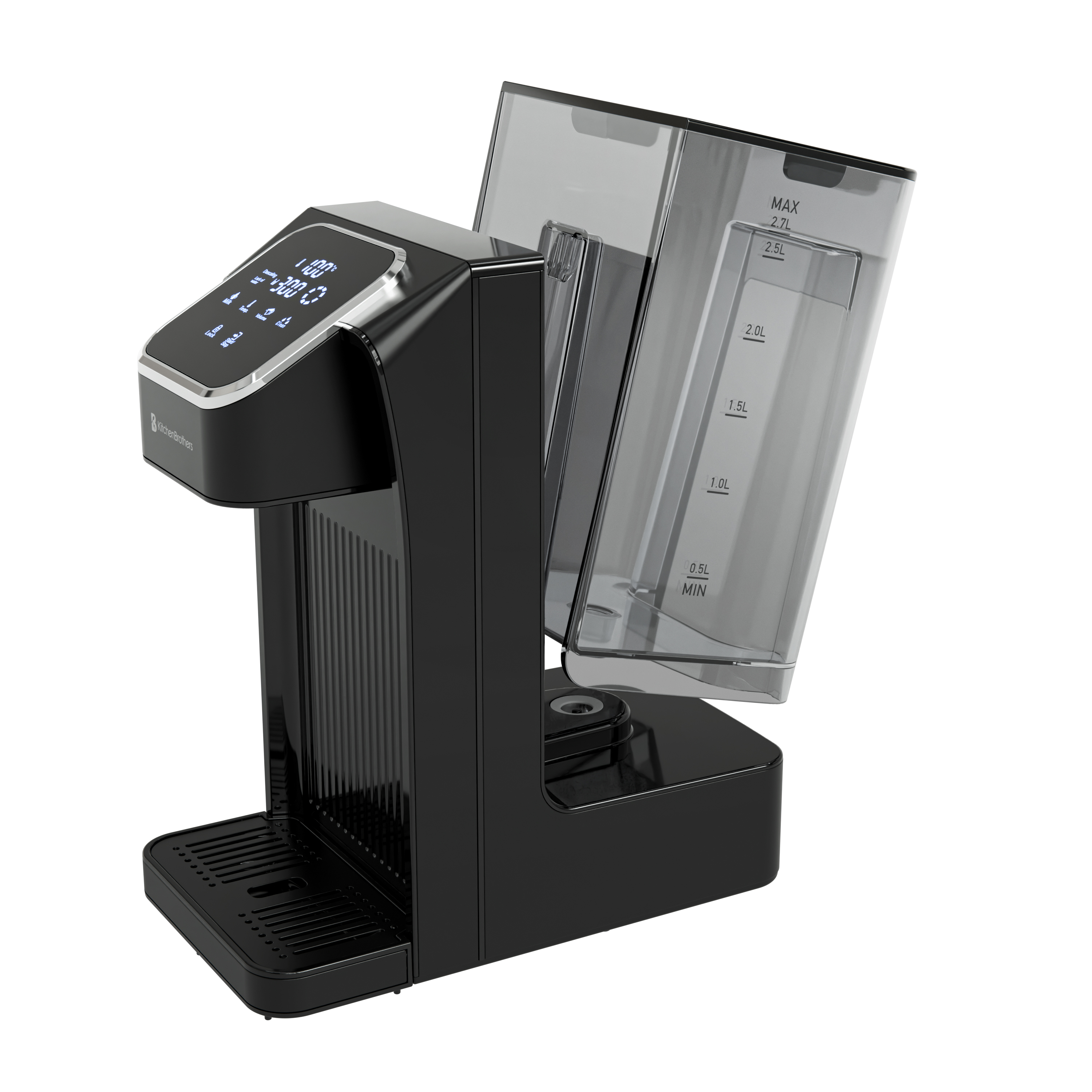 Zwarte waterdispenser met een afneembaar 2,7L reservoir en digitaal display.
