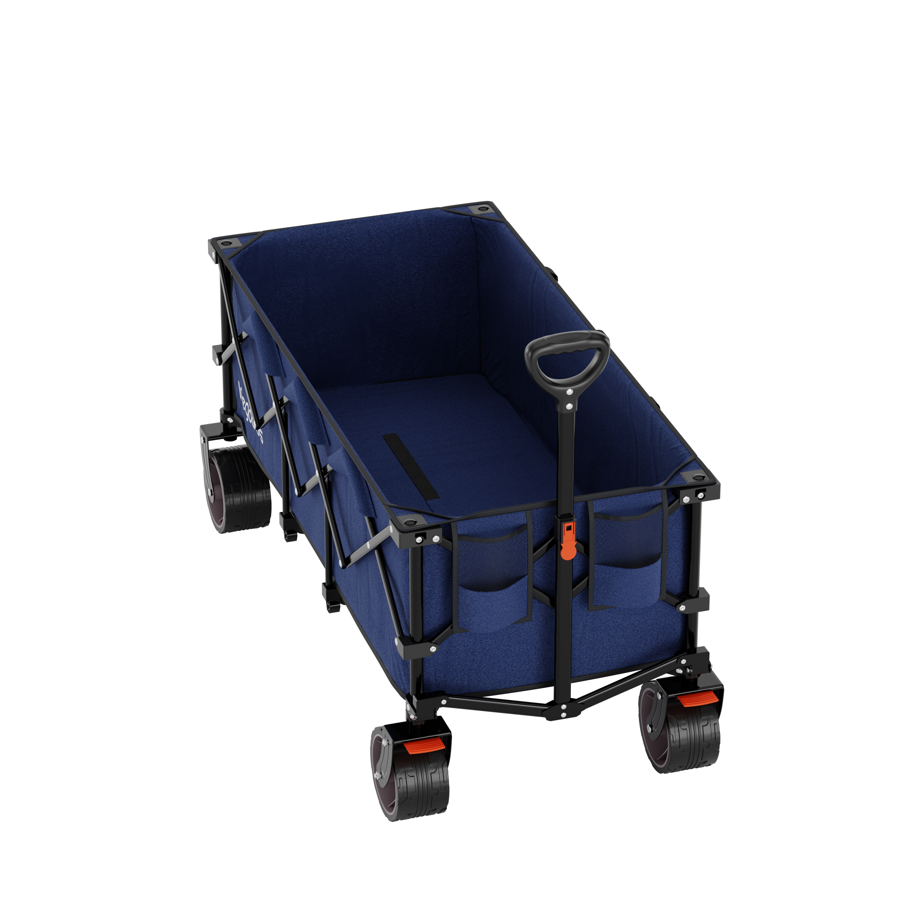 A blue fabric wagon with a black metal frame and wheels.