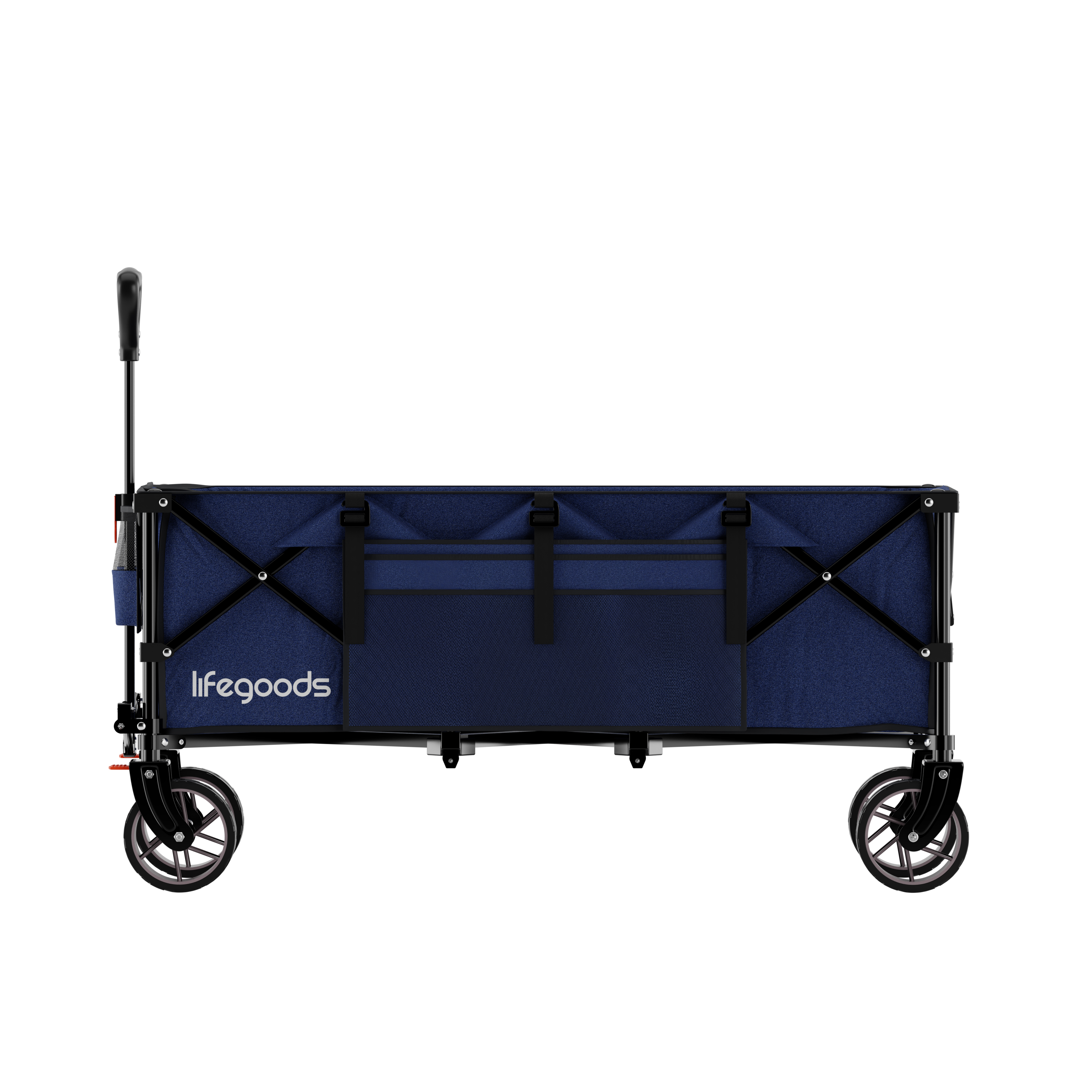 A dark blue fabric wagon with a black frame and handle on a white background.