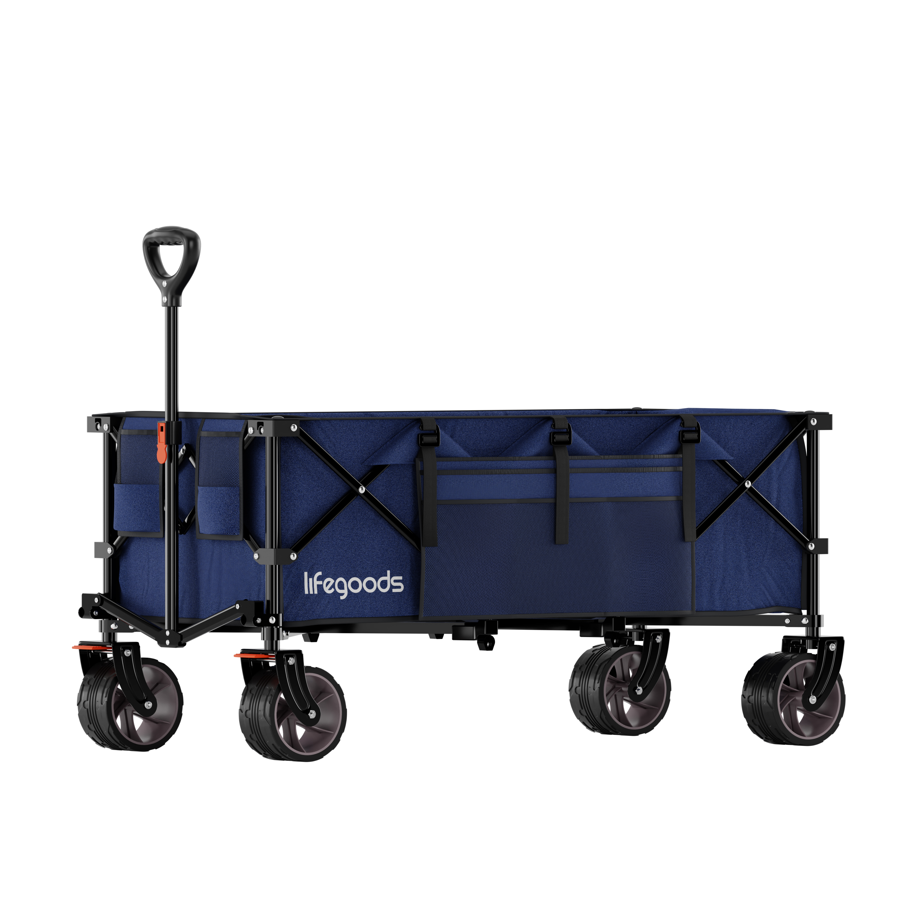 A dark blue folding wagon with a black handle and four wheels.
