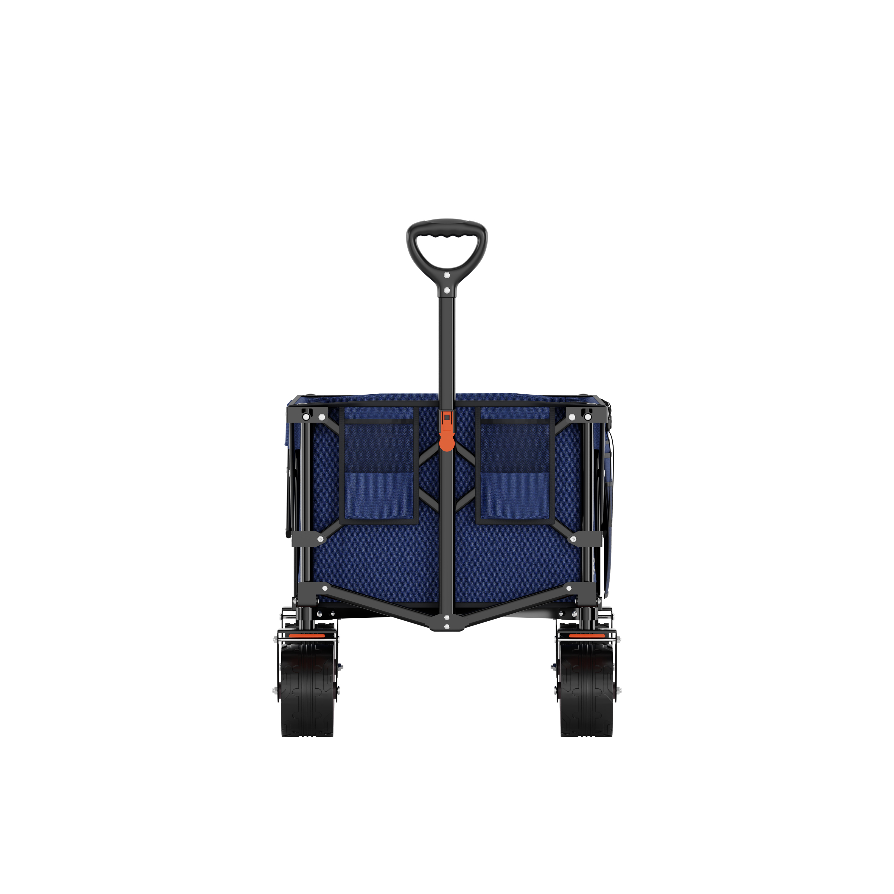 A blue folding wagon with a black handle and wheels.