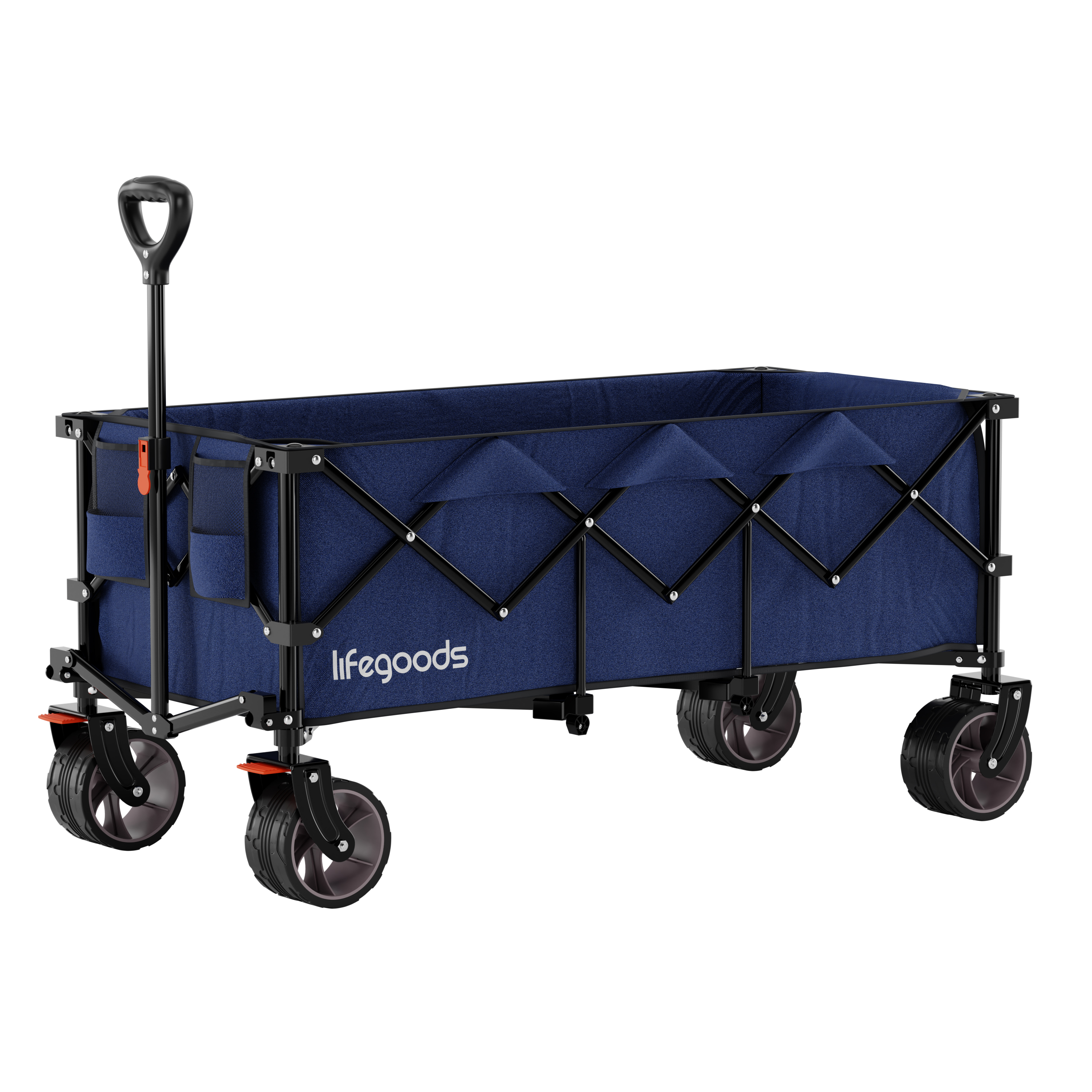 A dark blue foldable outdoor wagon with a black metal frame and handle.