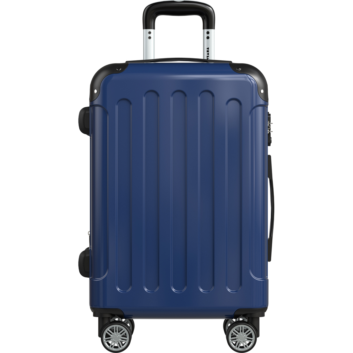 Een blauwe koffer met wielen en een uitschuifbaar handvat.