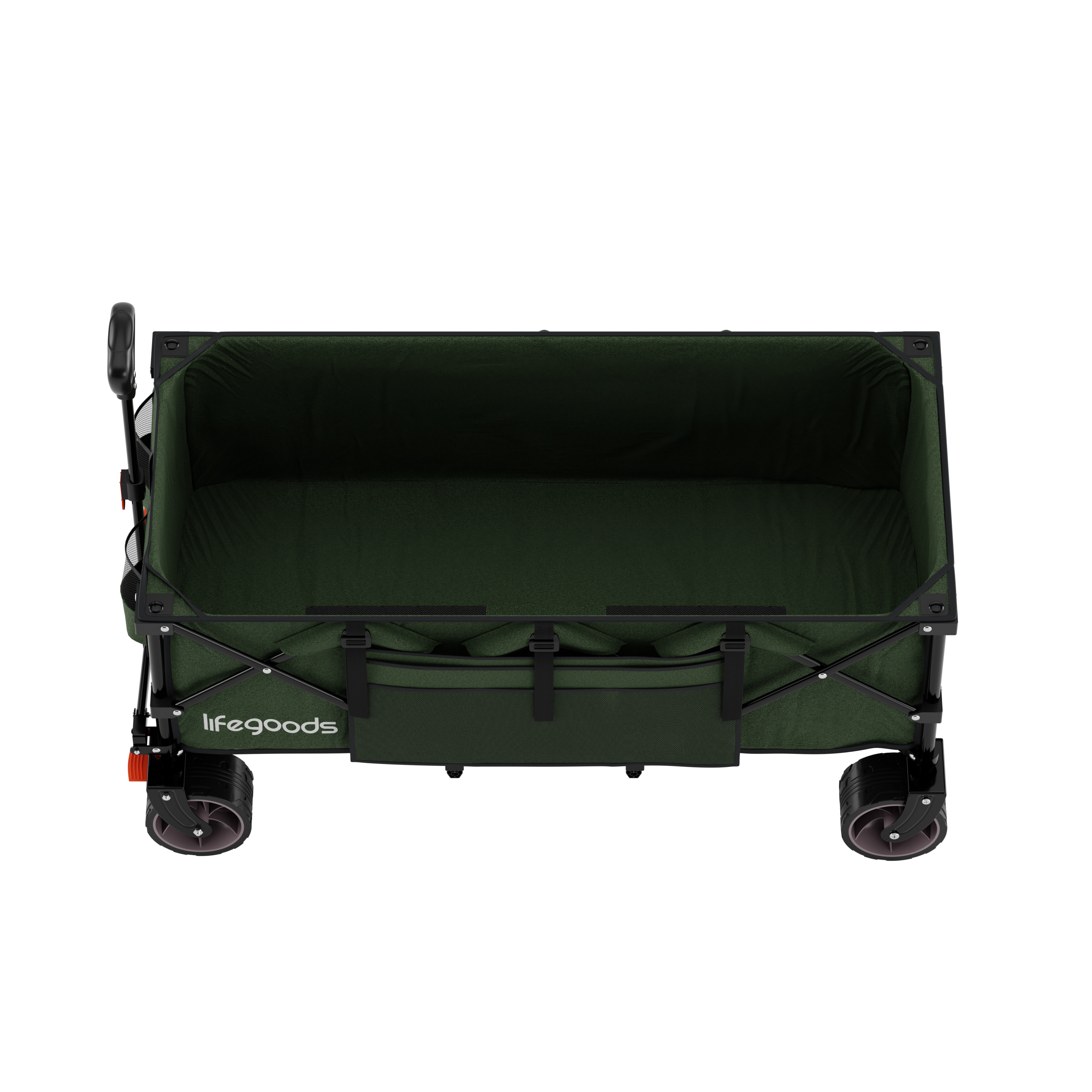 Ein dunkelgrüner Wagen mit schwarzem Rahmen und Rädern.