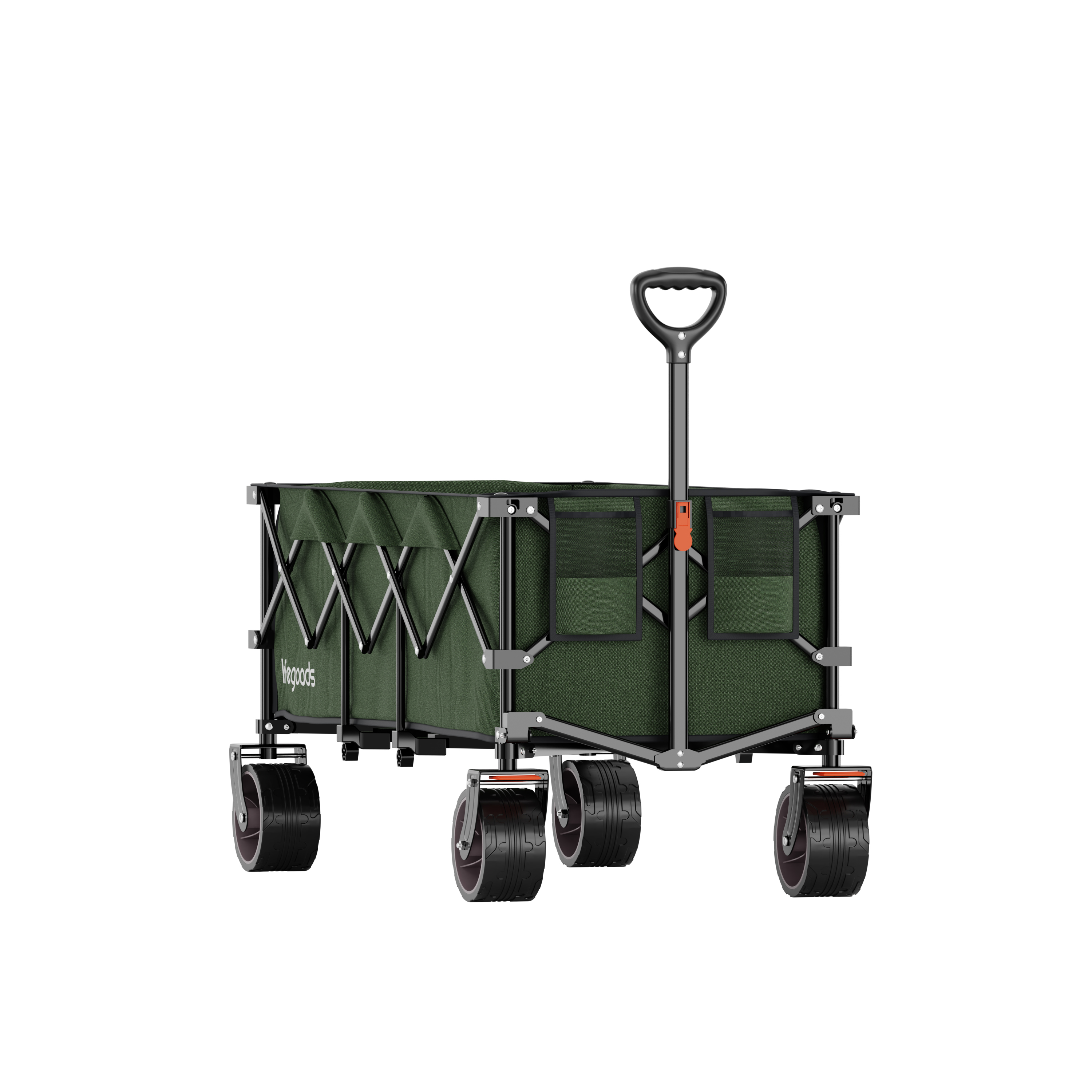 Ein dunkelgrüner faltbarer Outdoor-Bollerwagen mit schwarzem Griff und Rädern.