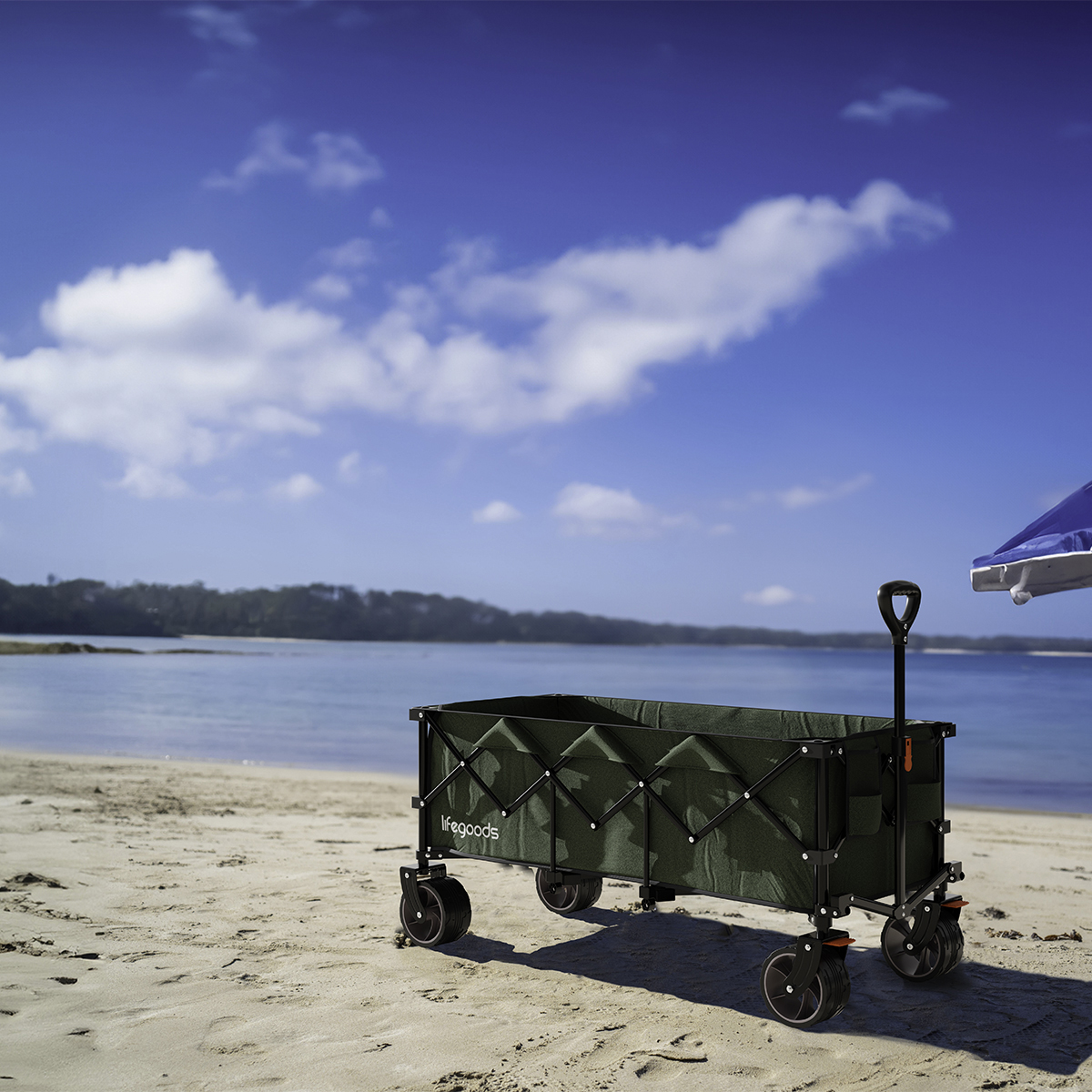 Ein grüner Strandwagen steht am Sandstrand, mit dem Meer und blauen Himmel im Hintergrund.