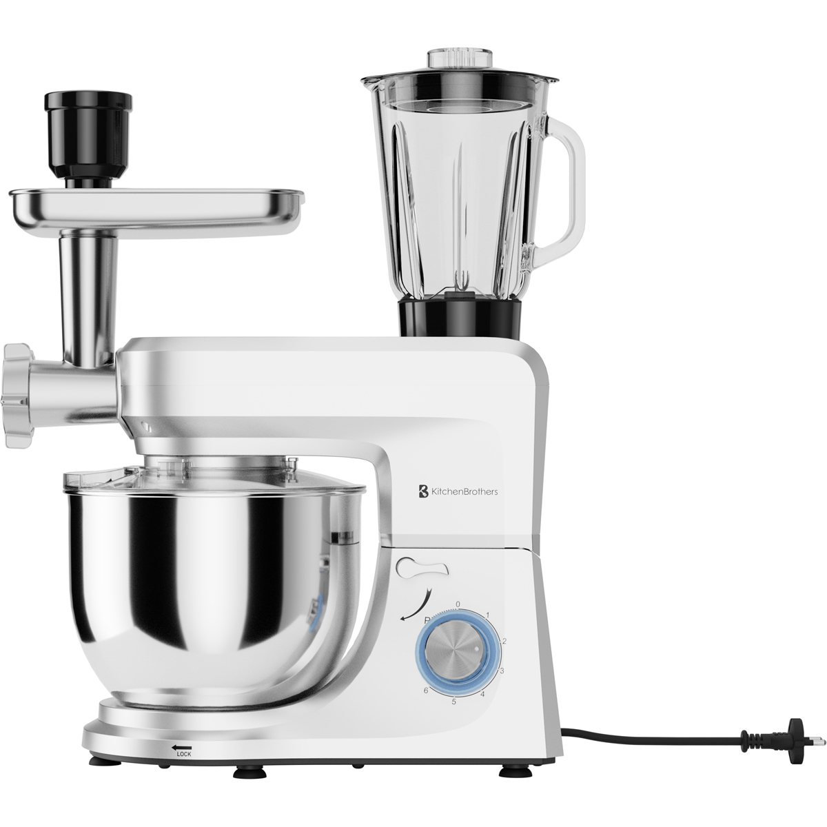Een witte keukenmachine met vleesmolenopzetstuk en glazen blenderkan.