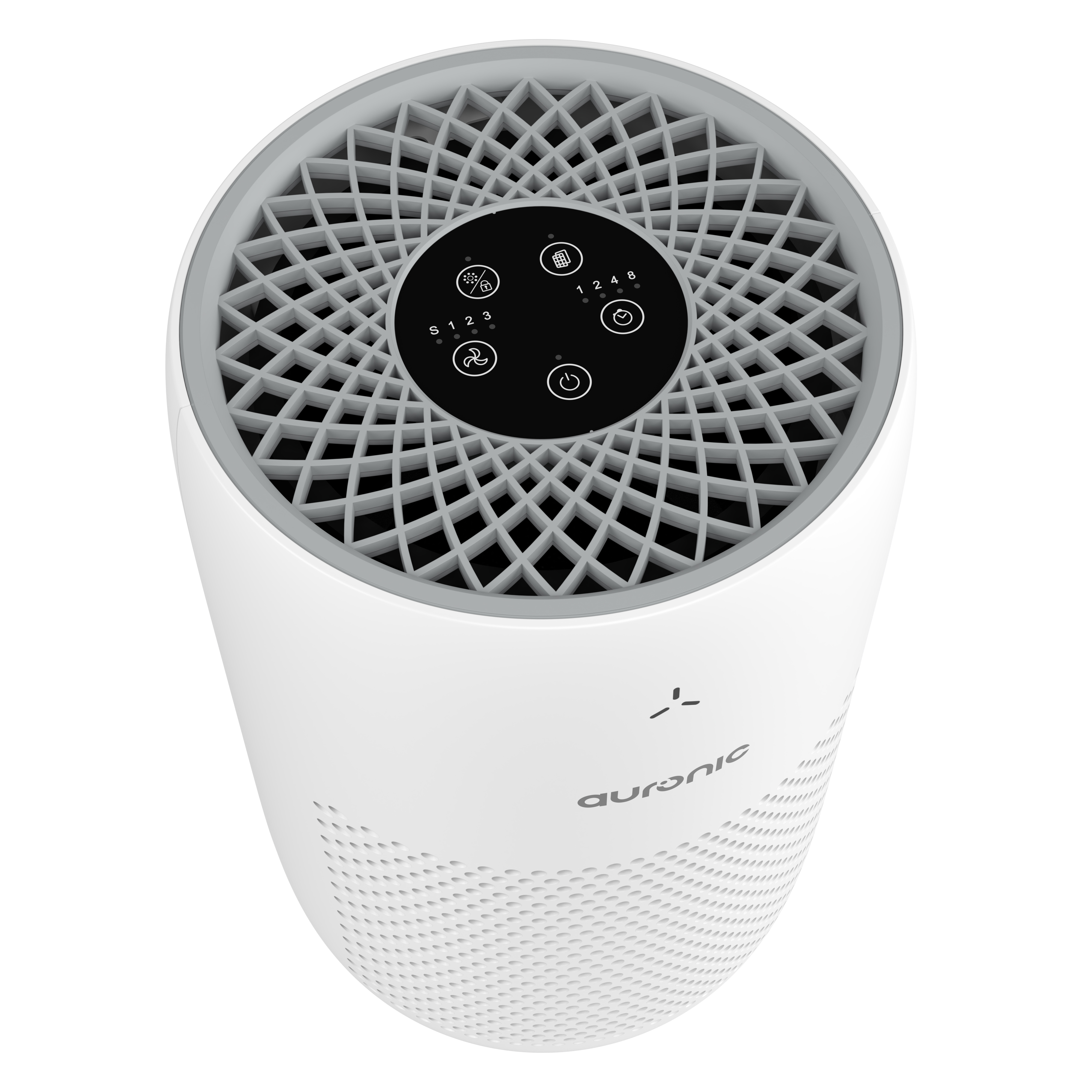 A white air purifier with a grey grille and a black control panel on top.