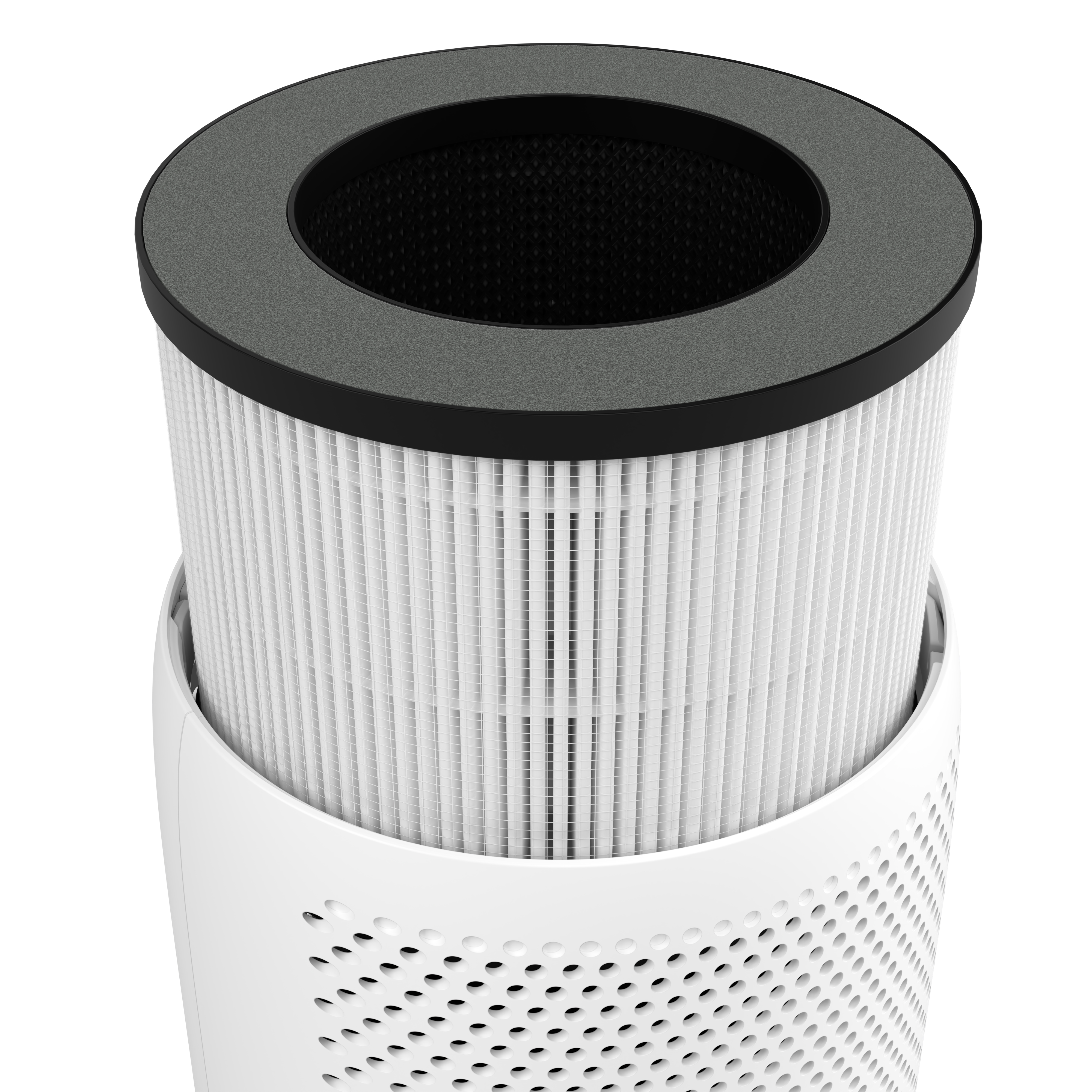 A white air purifier with a cylindrical filter inside.