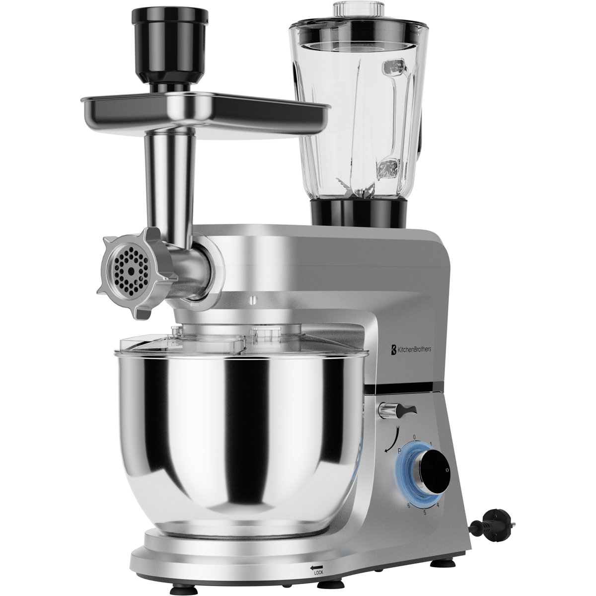 Zilveren keukenmixer met vleesmolen en blenderopzetstukken op witte achtergrond.
