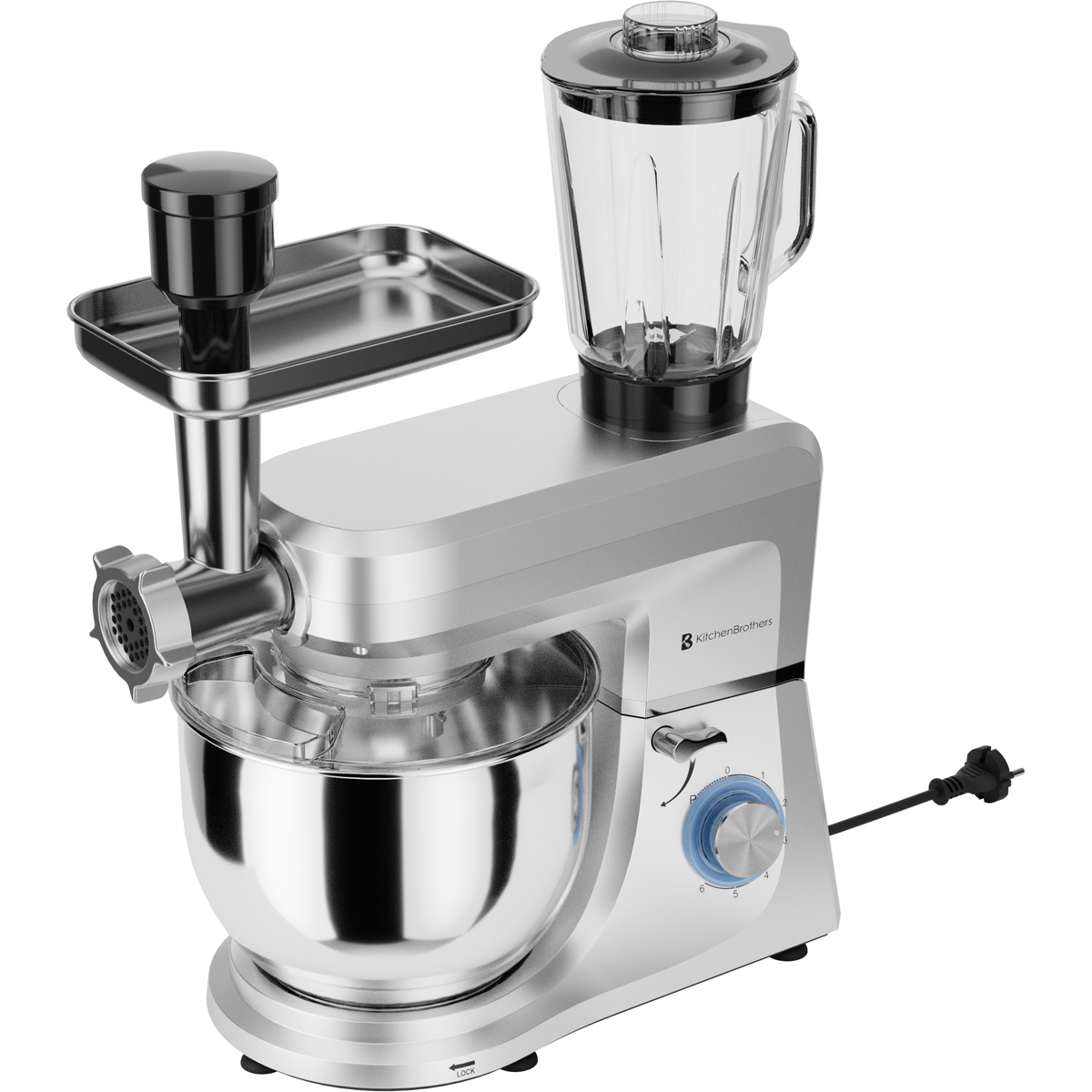 Zilveren keukenmachine met vleesmolen en glazen blender.