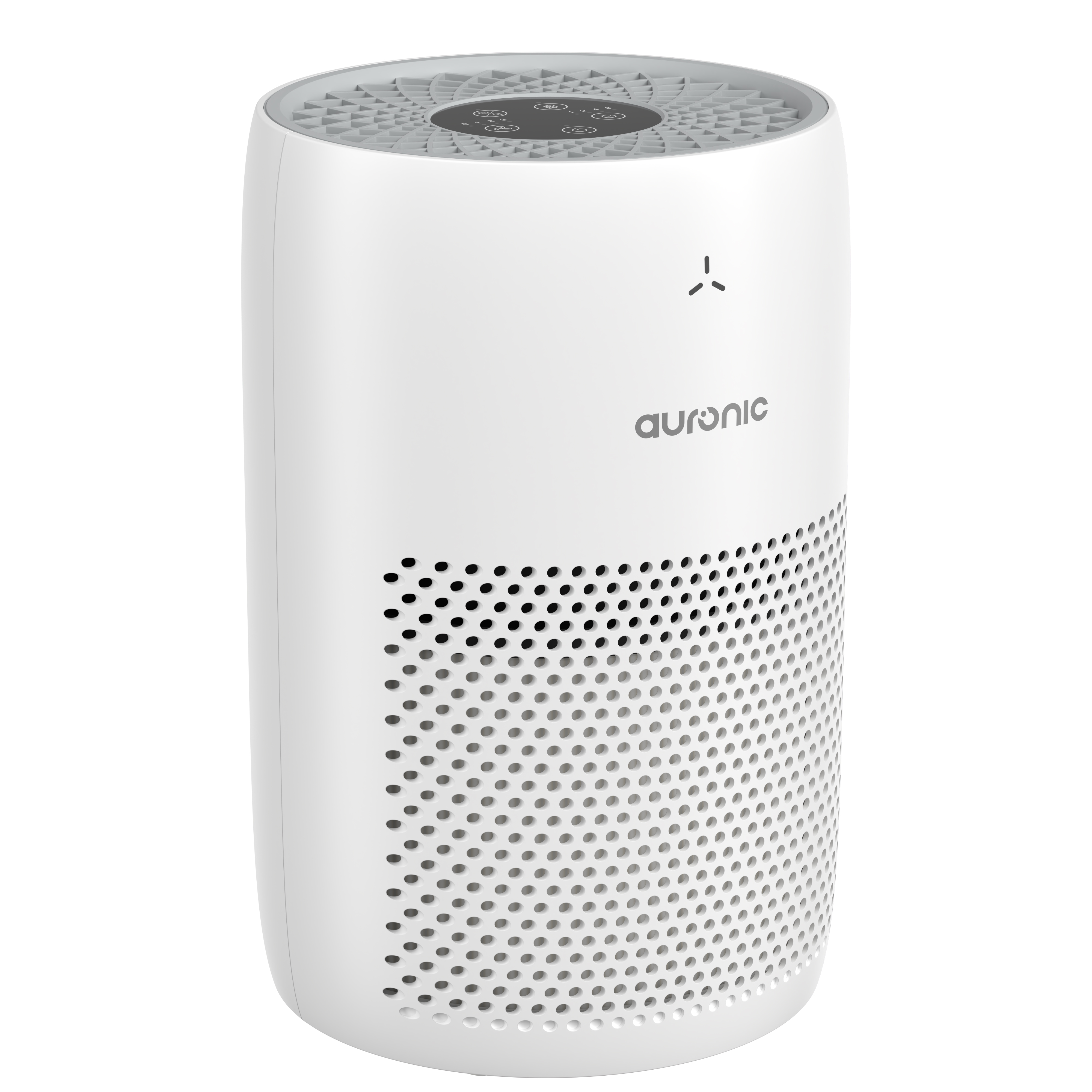 A white air purifier with a perforated body and a control panel on top.