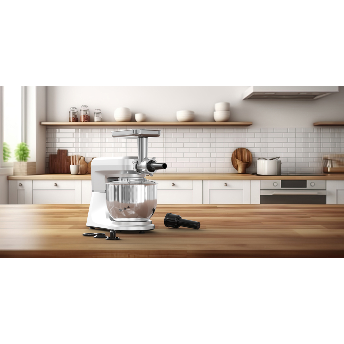 Witte standmixer met vleesmolenopzetstuk op een houten aanrecht, keukenachtergrond.