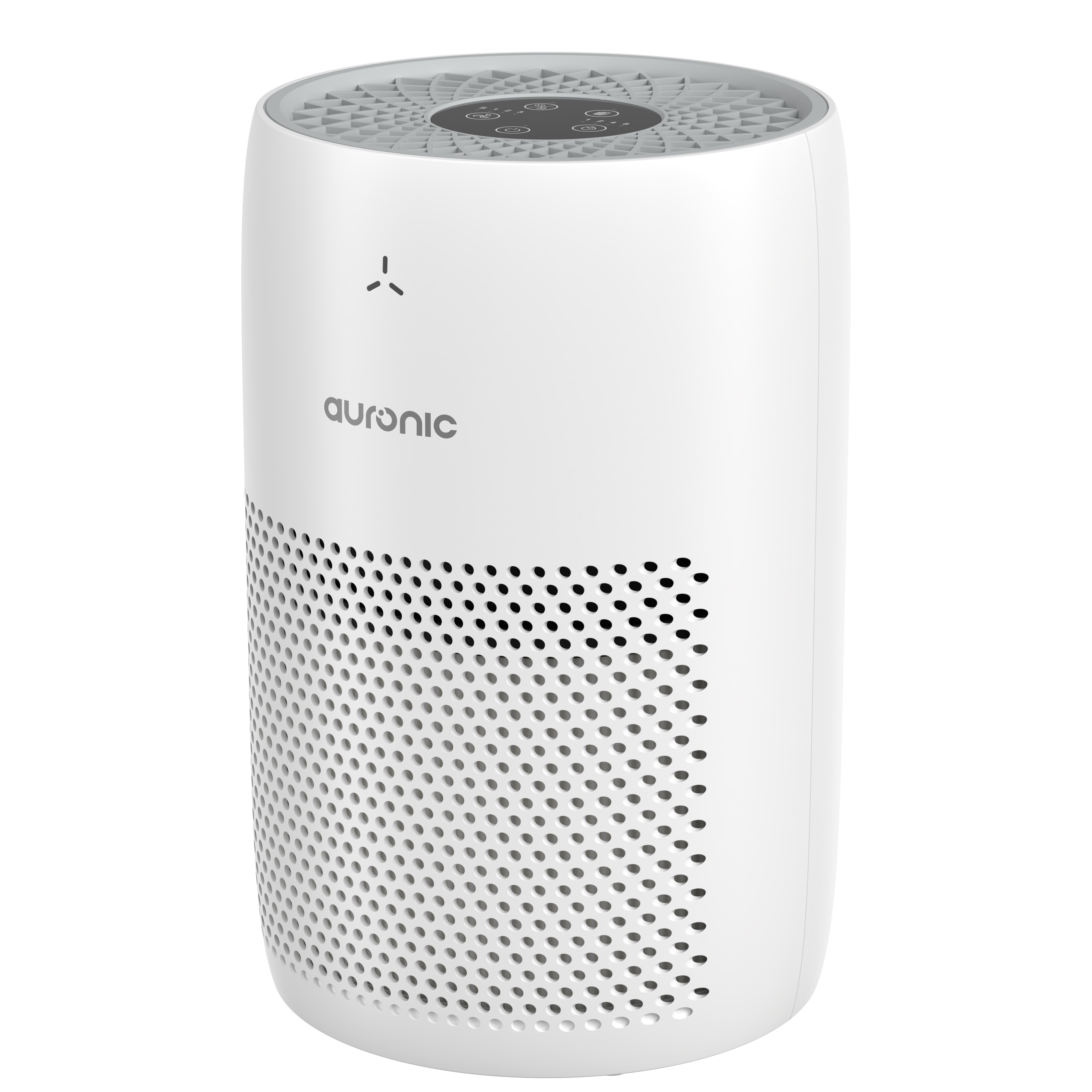 A white air purifier with a perforated side and controls on top.