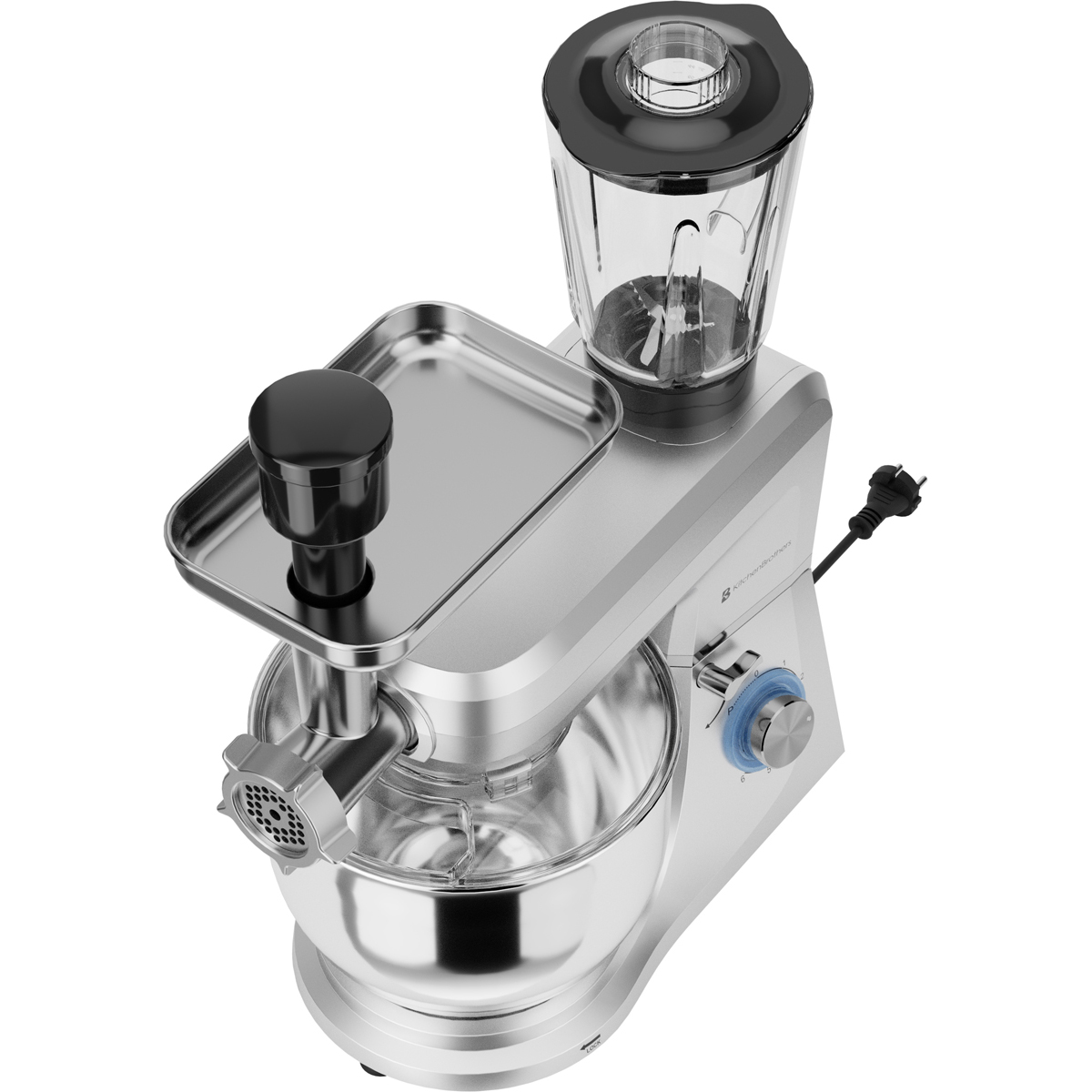 Zilveren keukenmachine-accessoire met vleesmolen en blender, gedetailleerd.