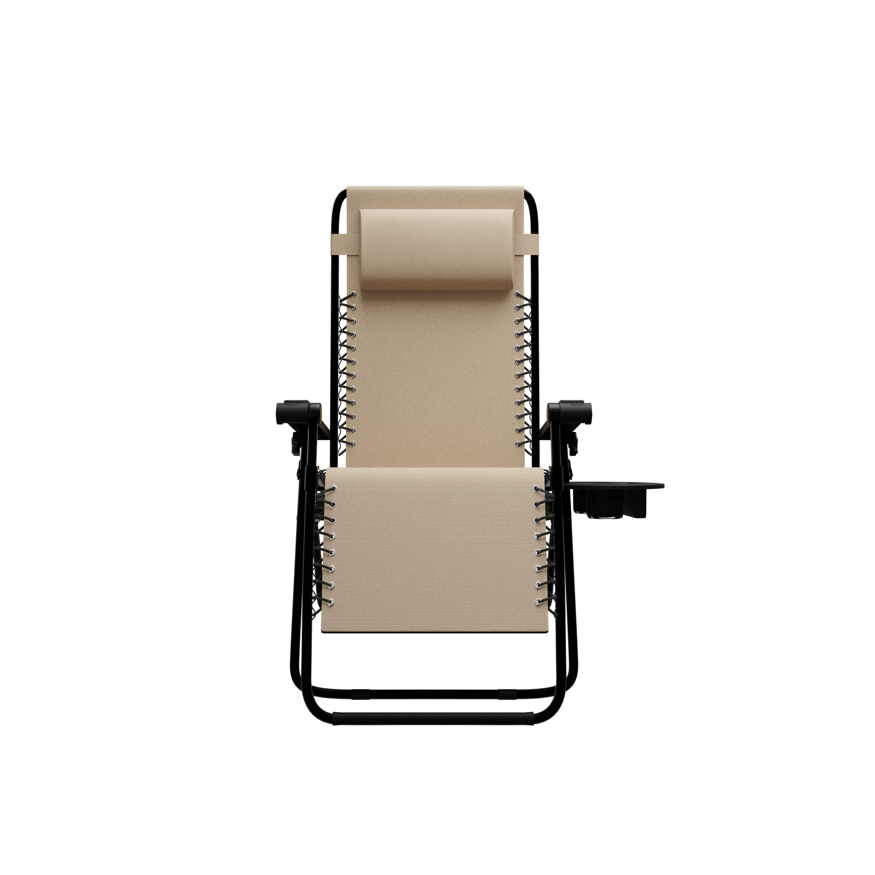 Beige loungestoel met zwart metalen frame en bekerhouder.