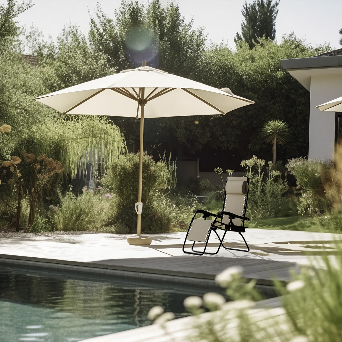 Loungestoel buiten met parasol en zwembad op een zonnige dag.