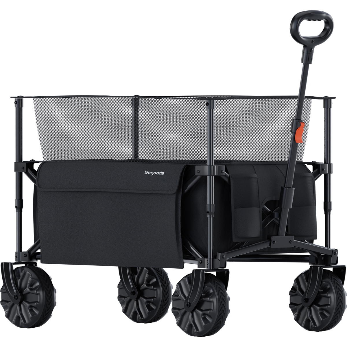 Ein schwarzer faltbarer Outdoor-Wagen mit Netzgitterkorb und Griff.
