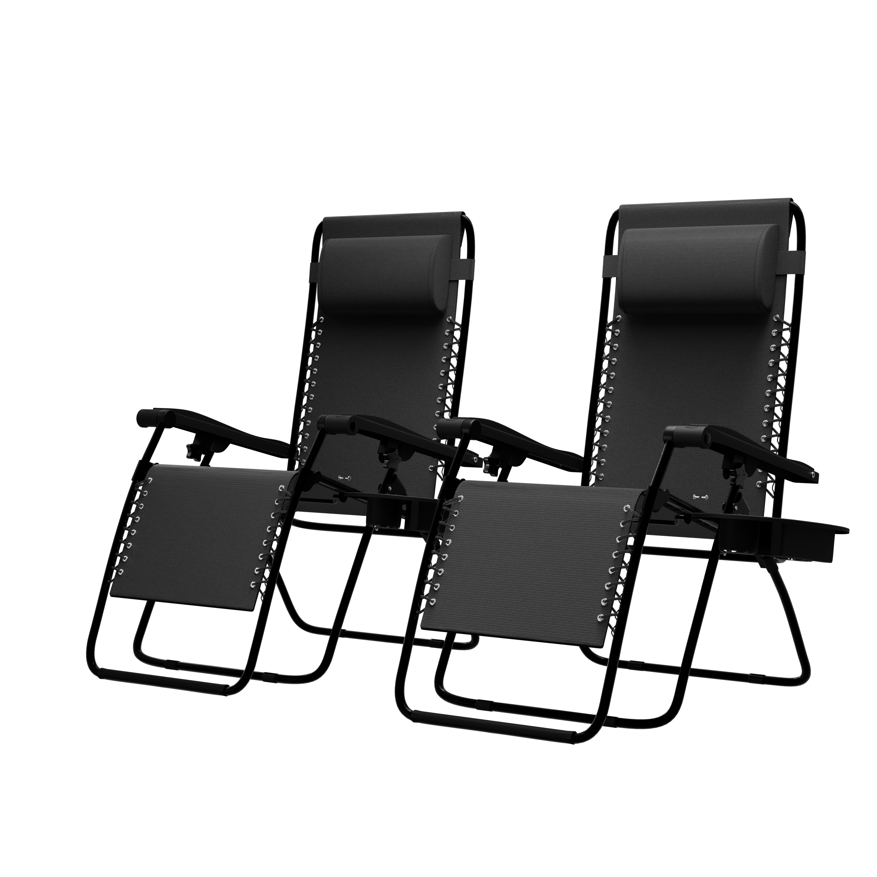 Twee zwarte zero gravity stoelen met hoofdsteunen en bekerhouders.
