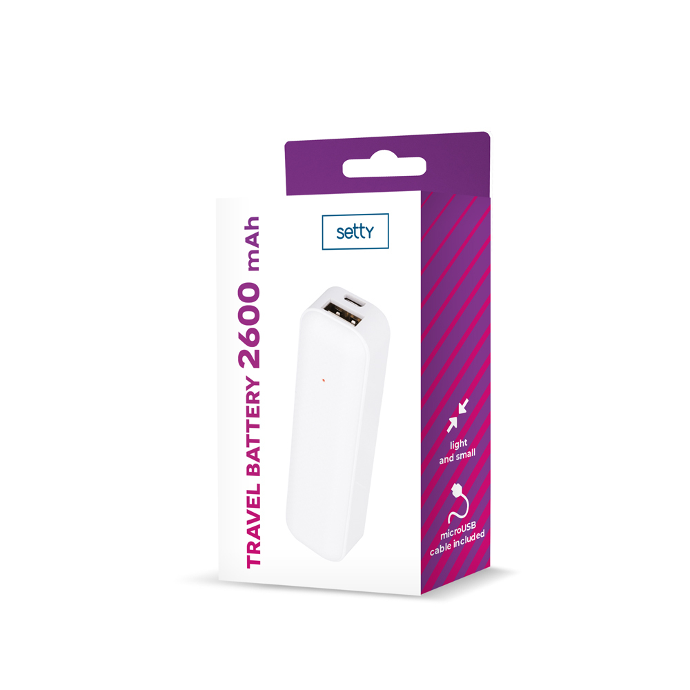 Biały power bank 2600 mAh na fioletowym opakowaniu w paski.