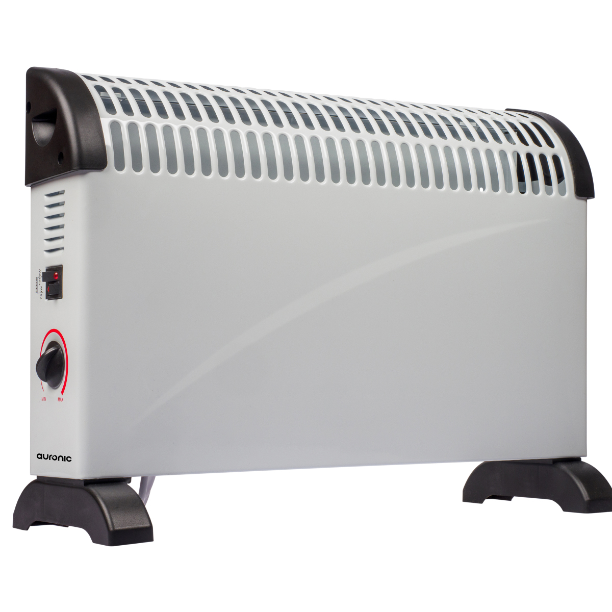 Een witte oliegevulde radiator met zwarte handvatten en poten staat op een witte achtergrond.