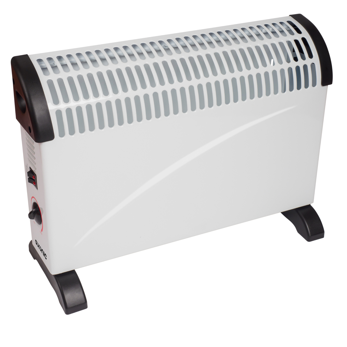 Een witte elektrische verwarming met zwarte accenten en ventilatiesleuven.