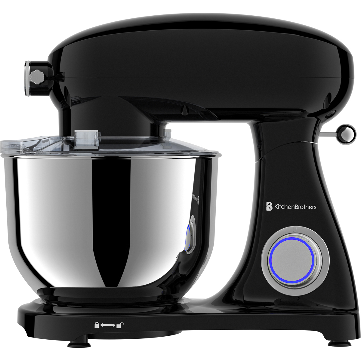 Een glanzende zwarte standmixer met roestvrijstalen kom en blauw verlichte bedieningselementen.
