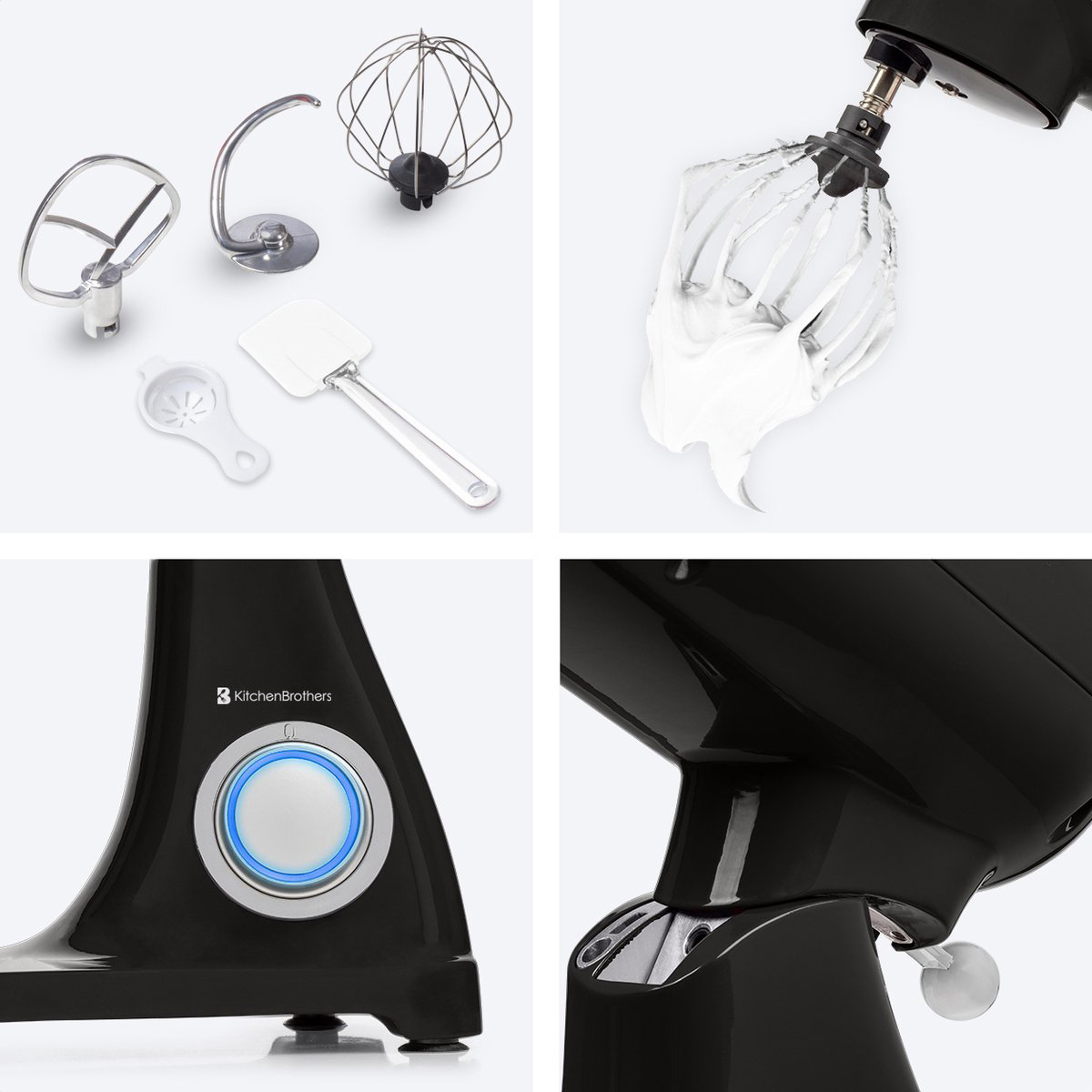 Keukenmixeraccessoires, een zwarte keukenmixer en een deel van een witte mixer met room.