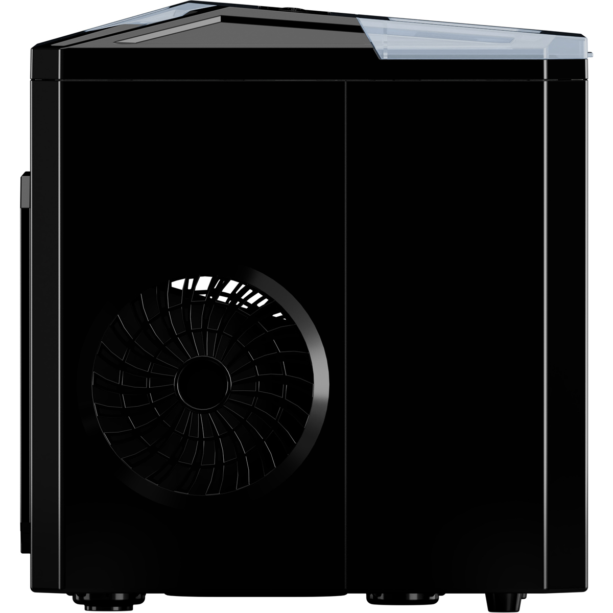 Black refrigerator with fan grill and transparent lid.