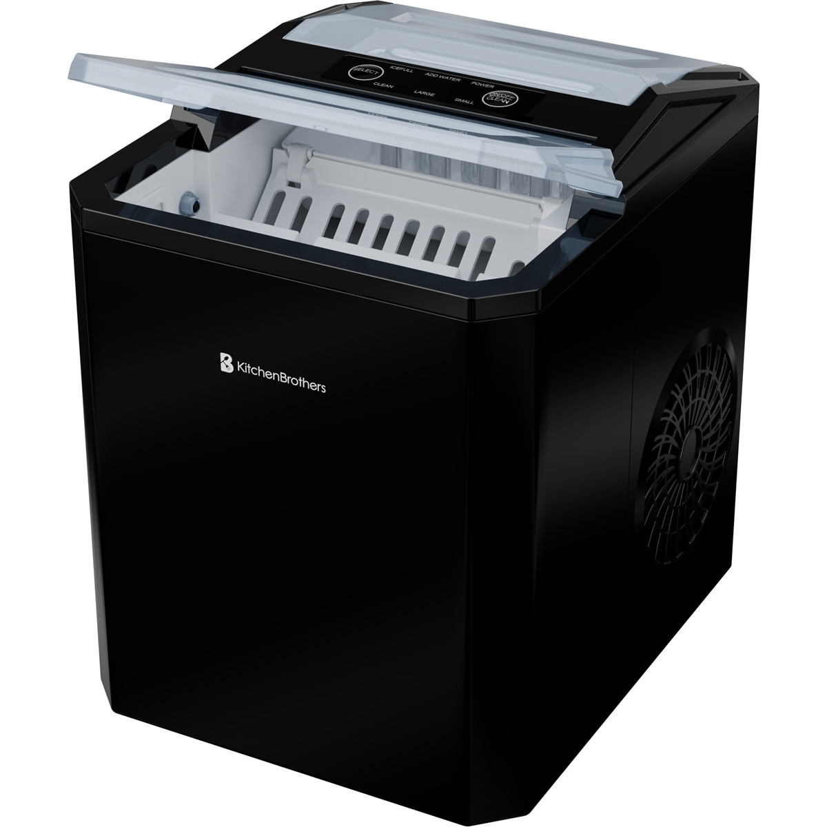 Black ice maker with lid open and ice cube tray visible.
