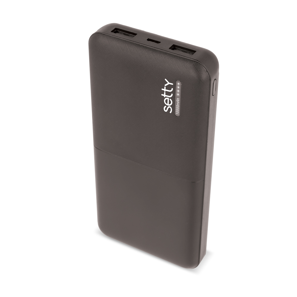 Czarny power bank z dwoma portami USB i napisem "setty 10000mAh".
