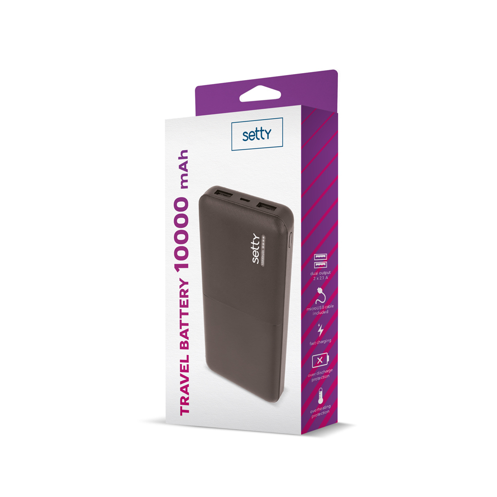 Opakowanie powerbanku Setty 10000mAh. Posiada podwójne wyjście, kabel microUSB, szybkie ładowanie i zabezpieczenia.