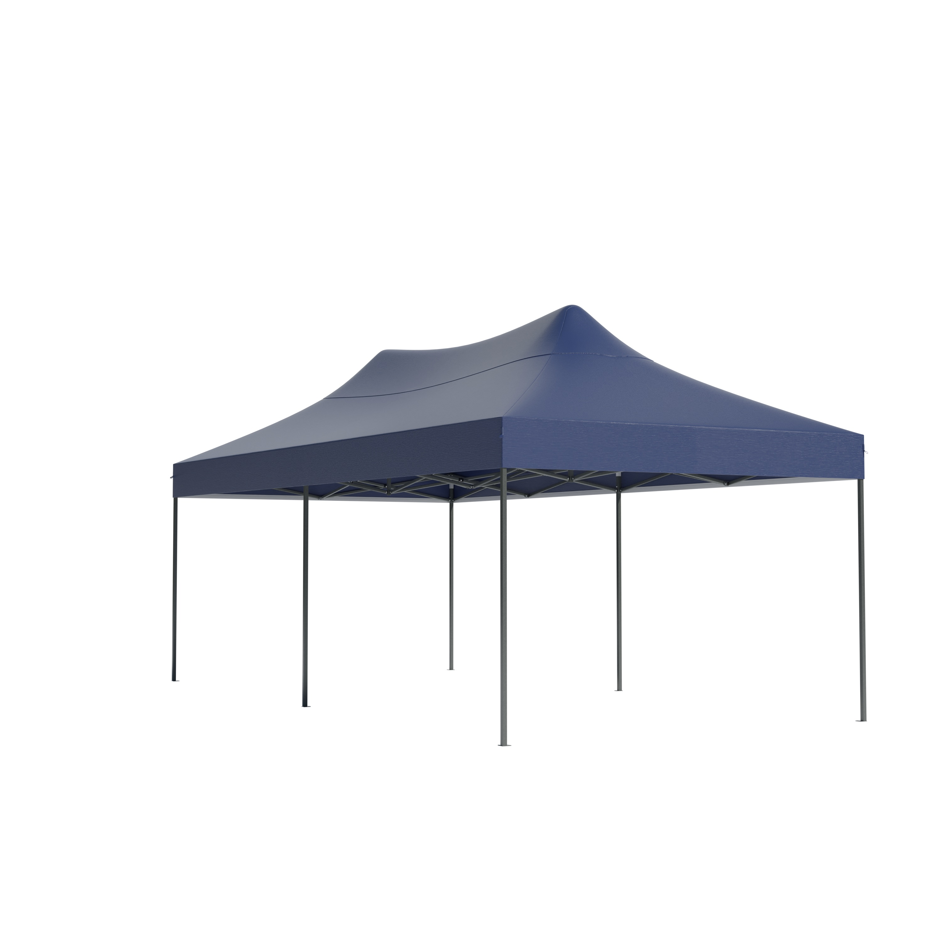 A dark blue pop-up tent with a metal frame. White background.
