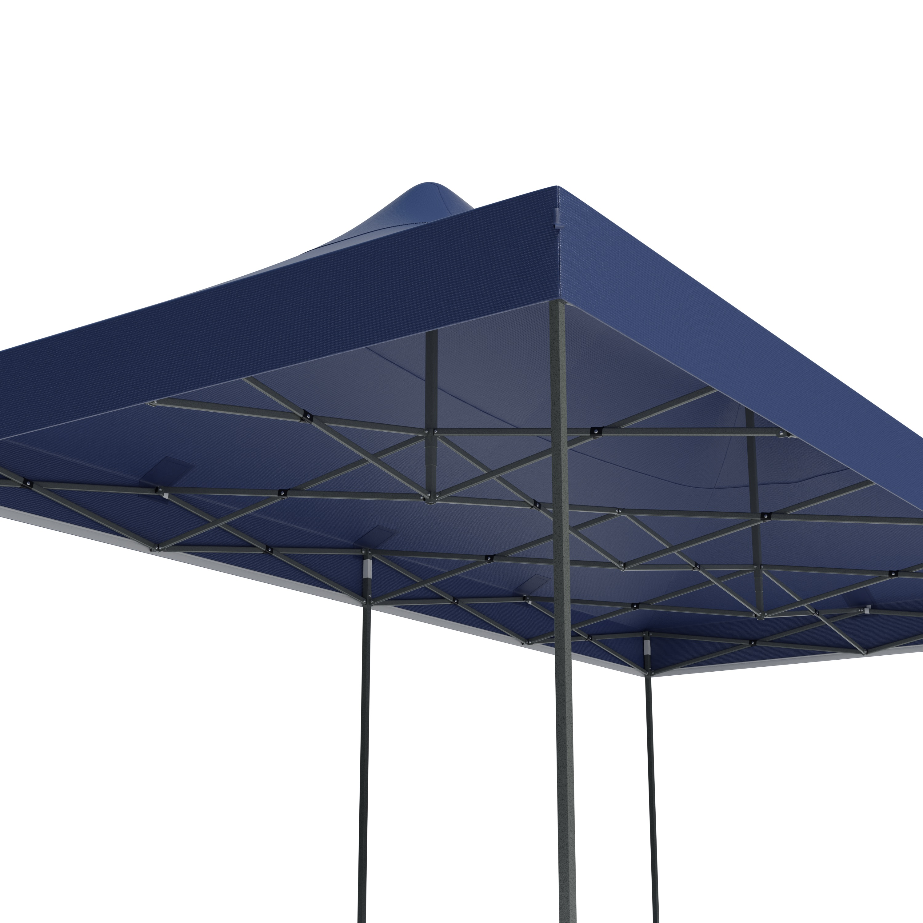 Dark blue pop-up canopy with metal frame, viewed from below.