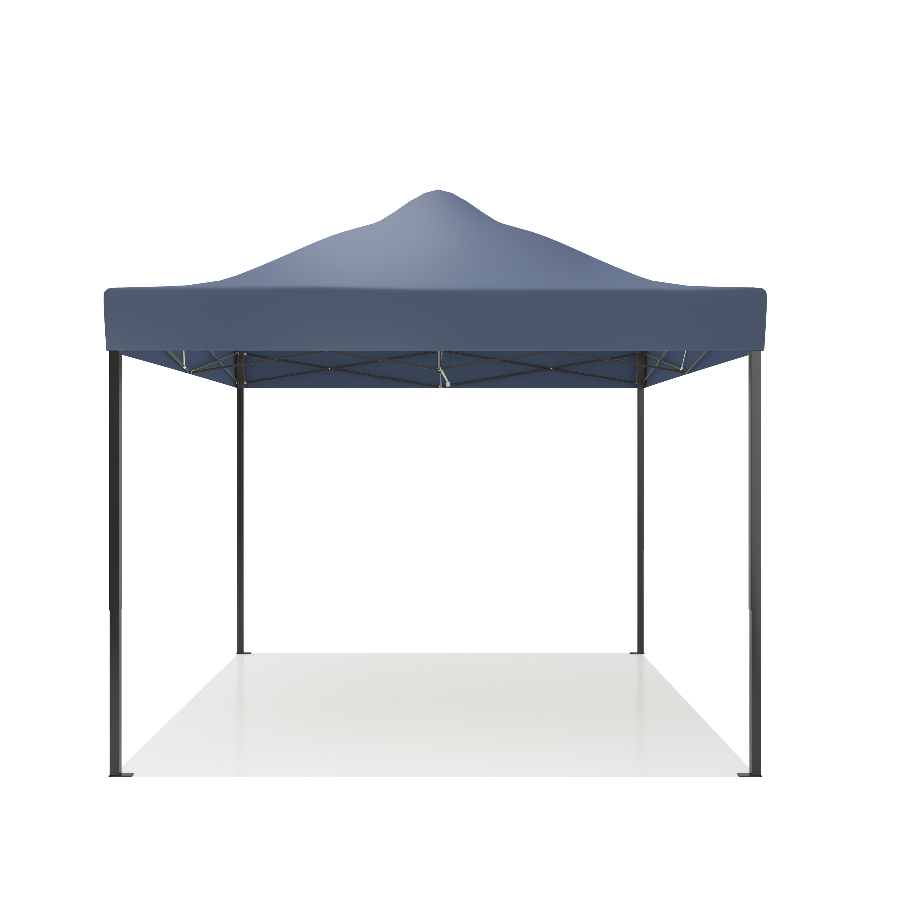 A blue pop-up tent with dark poles, standing on a white surface.